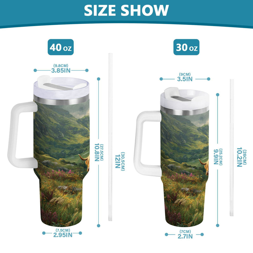 30 oz Insulated Stainless Steel Tumbler Double Wall Stainless Steel Tumbler with 2-Way Drinking Cow in Green Rolling Hills | 1E4U