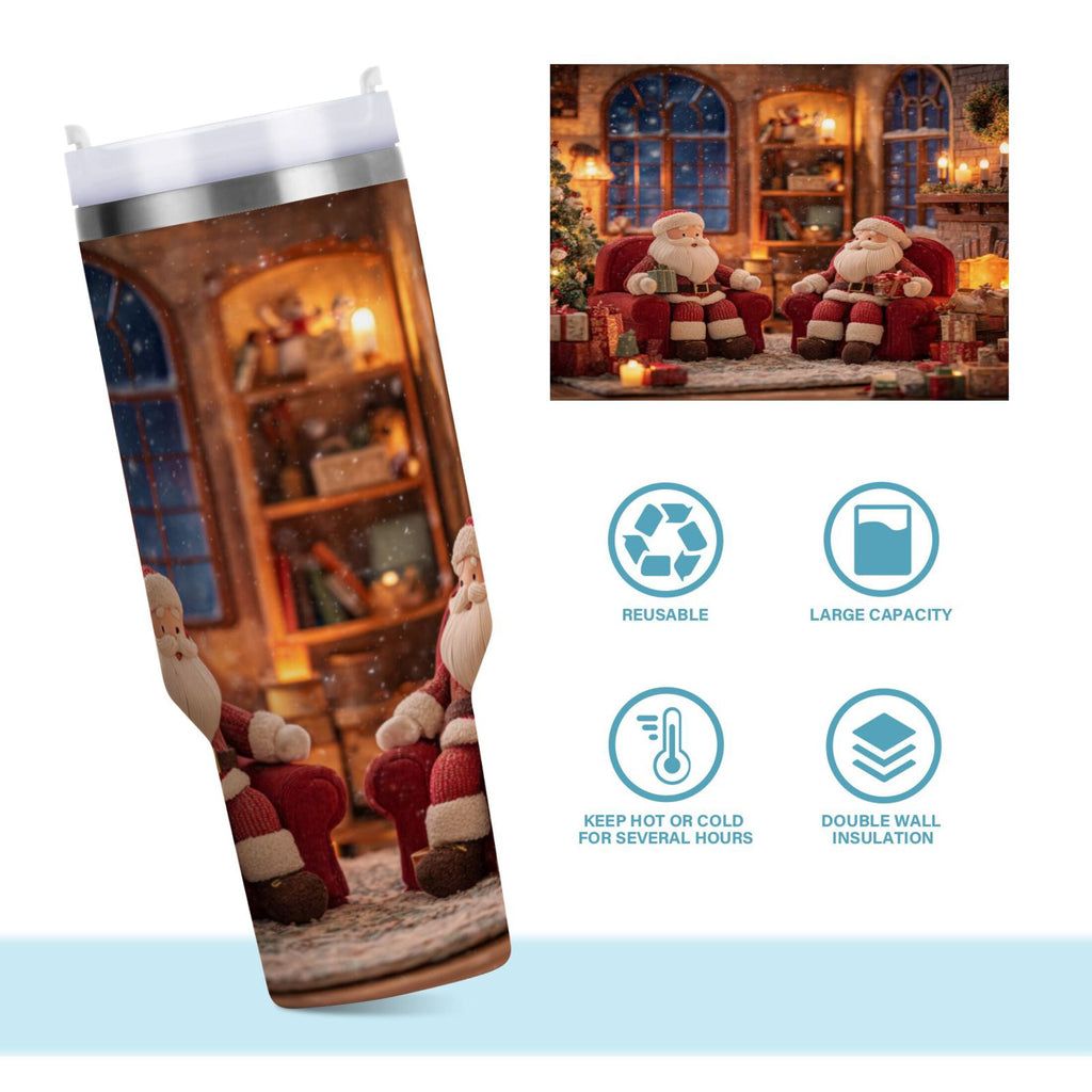 40 oz Insulated Stainless Steel Tumbler Double Wall Stainless Steel Tumbler with 2-Way Drinking Sitting Santa Claus | 7NGW