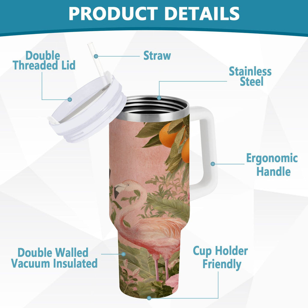 40 oz Insulated Stainless Steel Tumbler Double Wall Stainless Steel Tumbler with 2-Way Drinking Flamingos in Tropical Garden | EH41