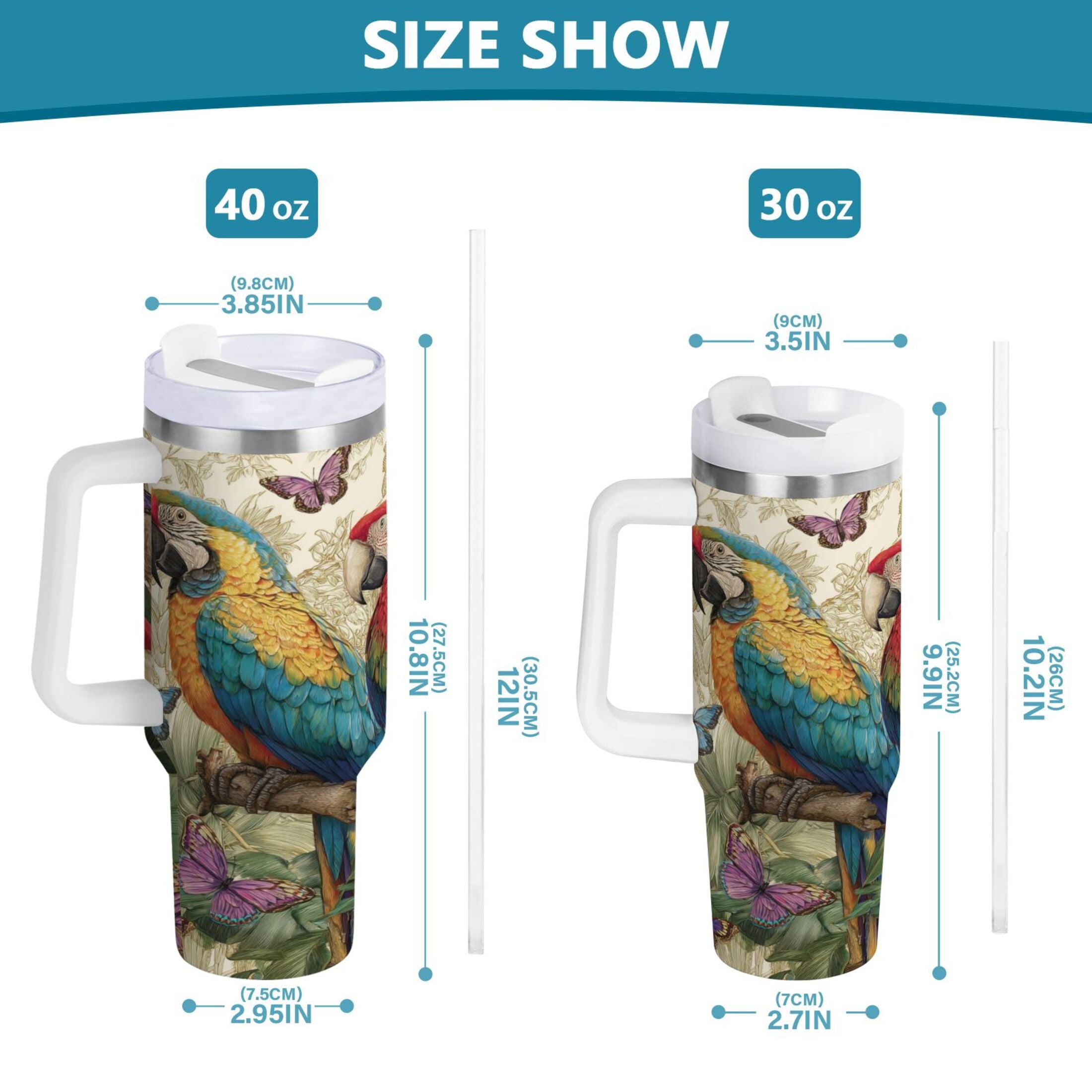 30 oz Insulated Stainless Steel Tumbler Double Wall Stainless Steel Tumbler with 2-Way Drinking Colorful Beautiful Parrots | I7YE