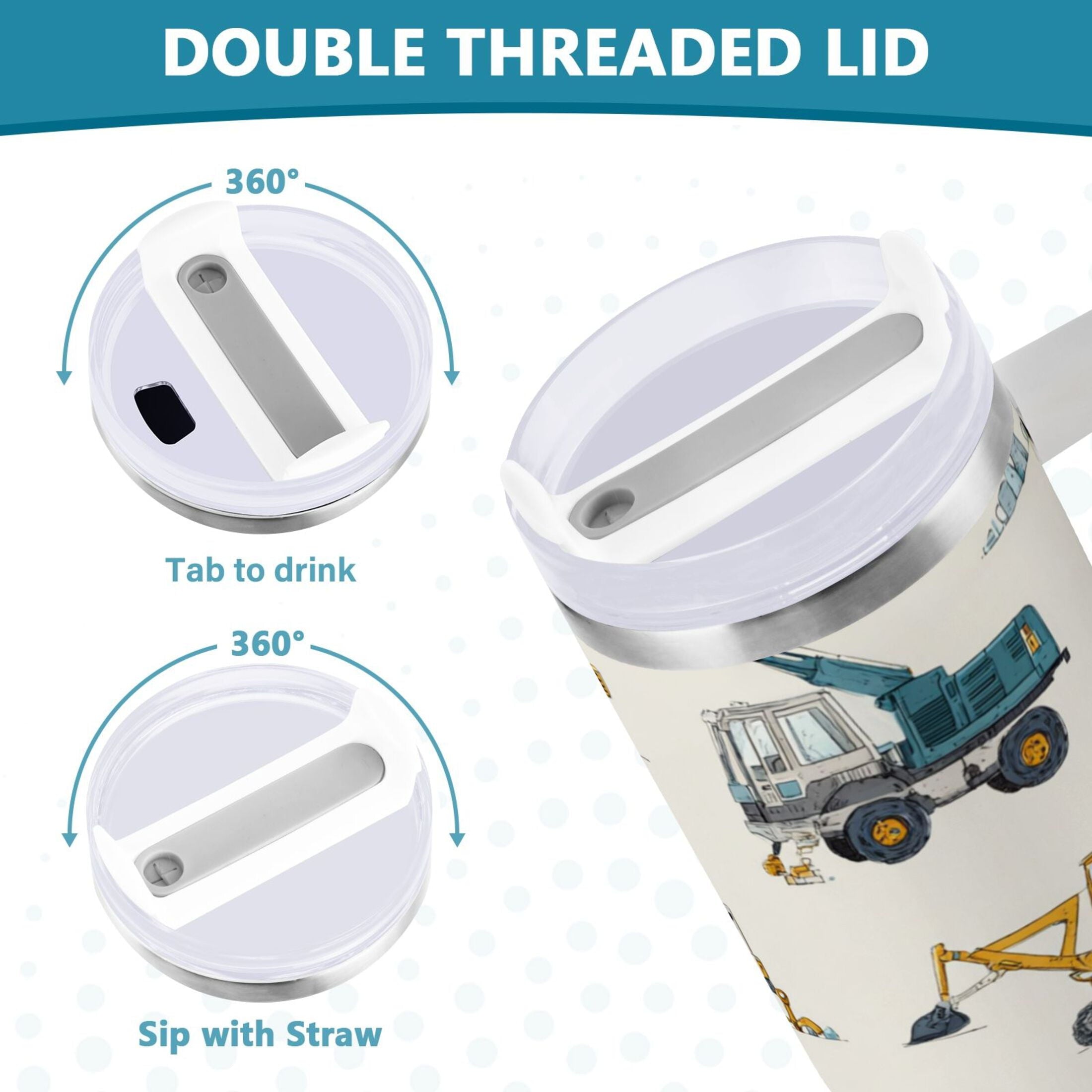 30 oz Insulated Stainless Steel Tumbler Double Wall Stainless Steel Tumbler with 2-Way Drinking Engineering Vehicle Pattern | 50L8