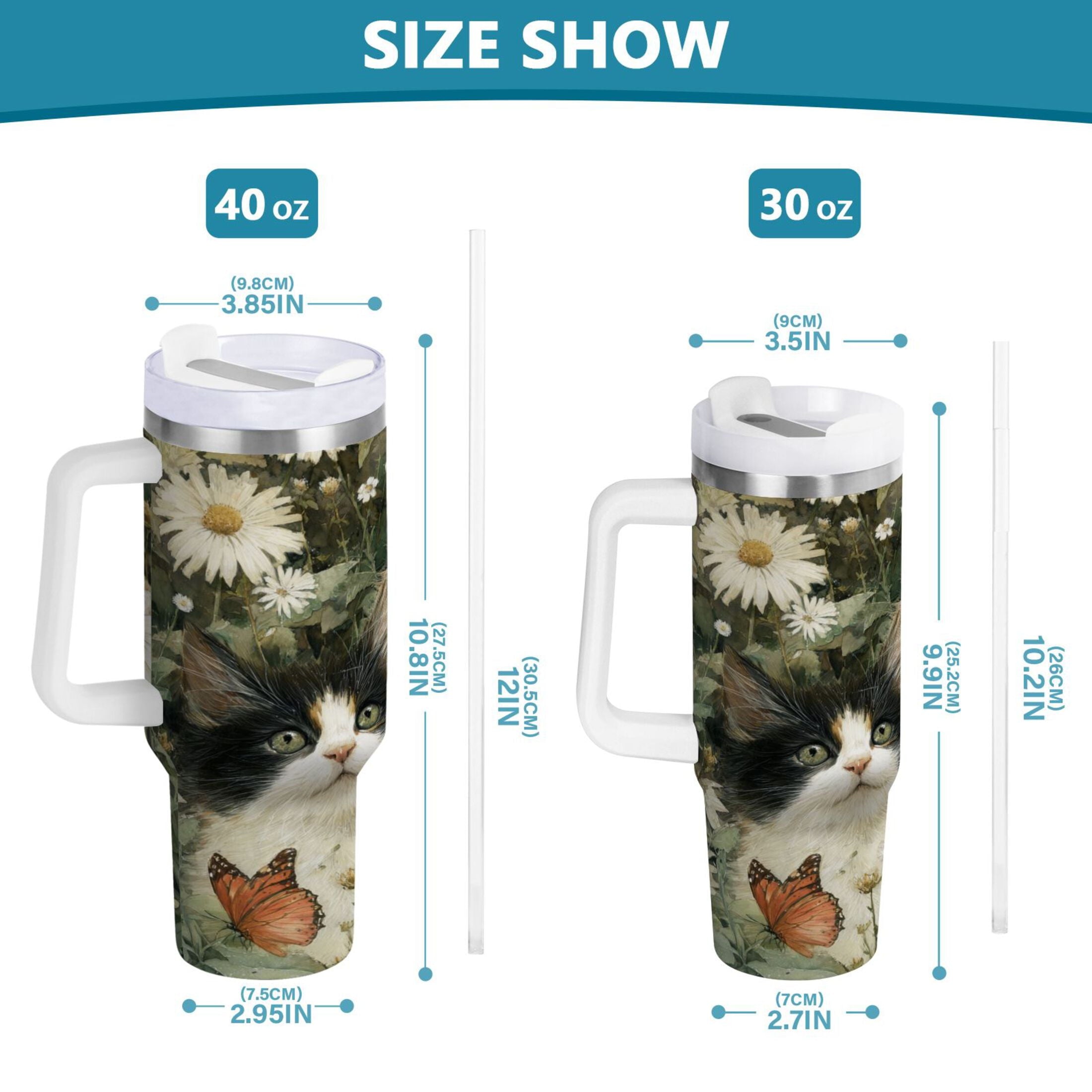 30 oz Insulated Stainless Steel Tumbler Double Wall Stainless Steel Tumbler with 2-Way Drinking Adorable Cats and Daisies | 2EZ5