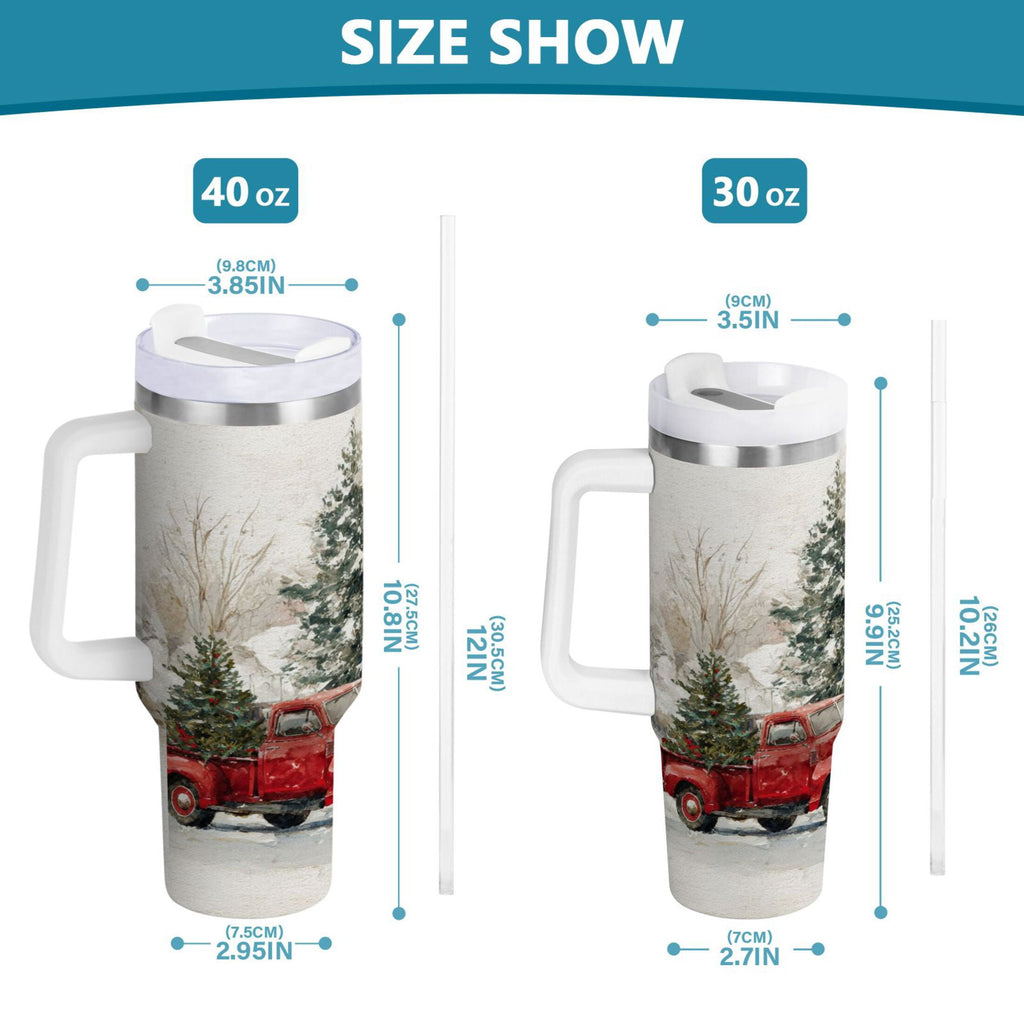 30 oz Insulated Stainless Steel Tumbler Double Wall Stainless Steel Tumbler with 2-Way Drinking Truck with Christmas Decorations | F1R1