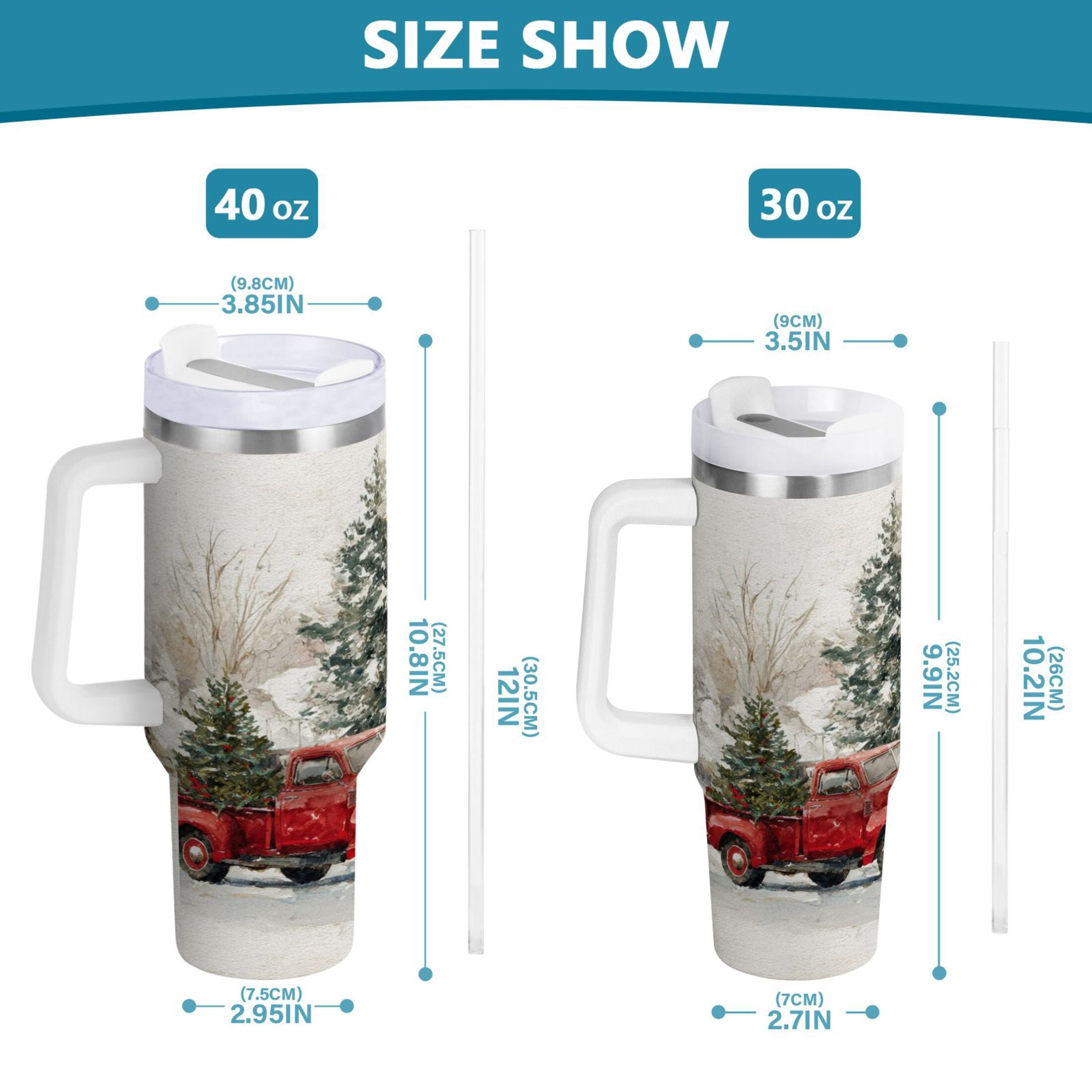 30 oz Insulated Stainless Steel Tumbler Double Wall Stainless Steel Tumbler with 2-Way Drinking Truck with Christmas Decorations | F1R1