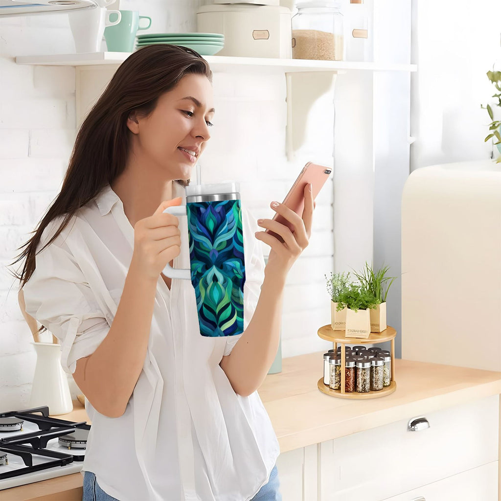 40 oz Insulated Stainless Steel Tumbler Double Wall Stainless Steel Tumbler with 2-Way Drinking Elegant Blue Abstract Shapes | LV9J