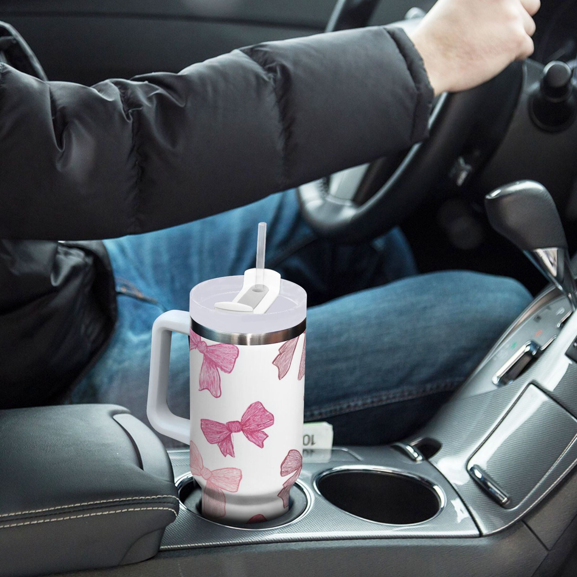 40 oz Insulated Stainless Steel Tumbler Double Wall Stainless Steel Tumbler with 2-Way Drinking Pink Bows Pattern | WY43