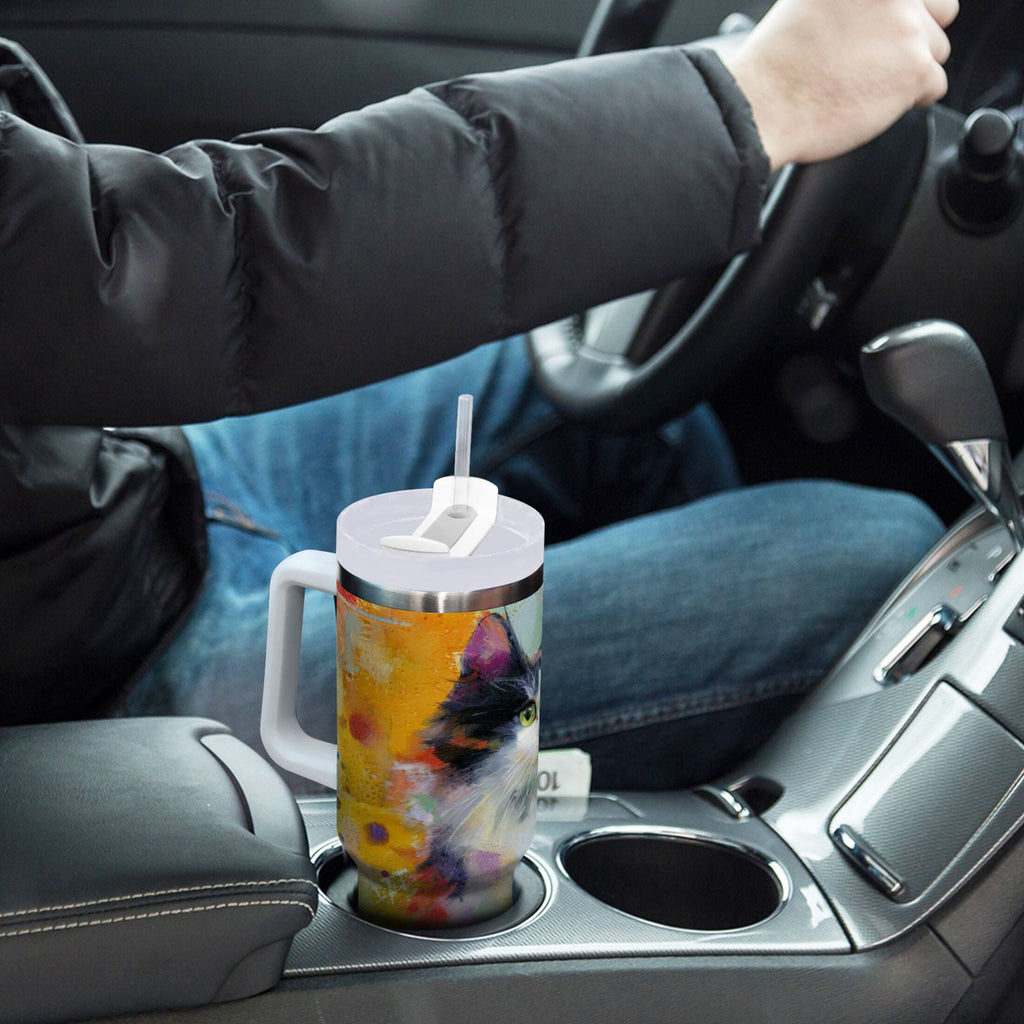 30 oz Insulated Stainless Steel Tumbler Double Wall Stainless Steel Tumbler with 2-Way Drinking Charming Hairy Cat | VKQV