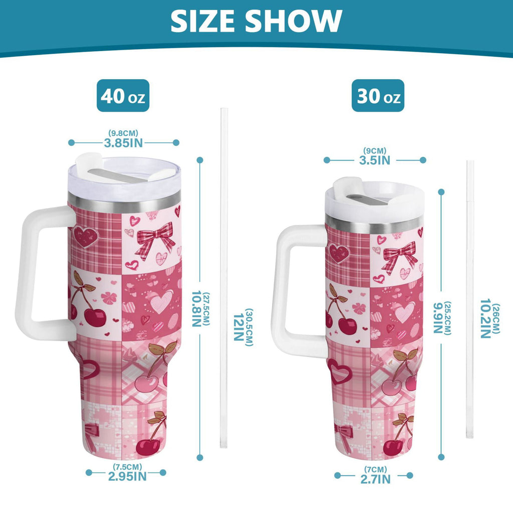 30 oz Insulated Stainless Steel Tumbler Double Wall Stainless Steel Tumbler with 2-Way Drinking Cherry Pattern with Bows | JTFF