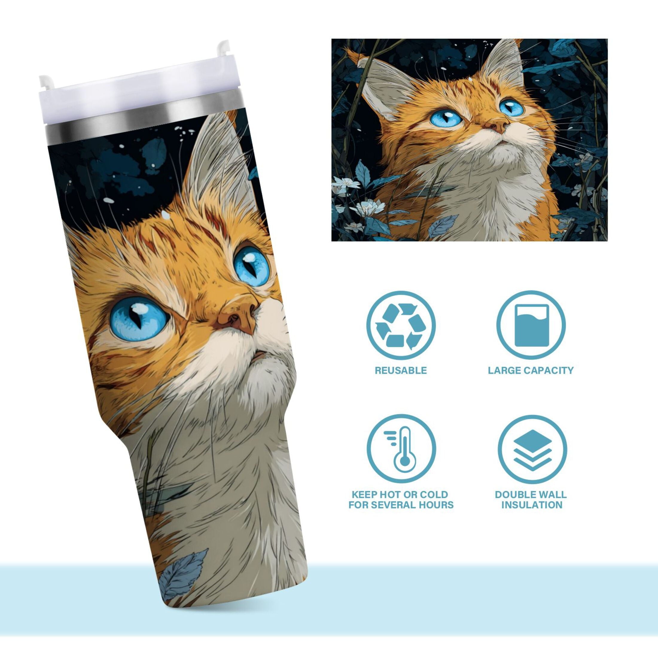 30 oz Insulated Stainless Steel Tumbler Double Wall Stainless Steel Tumbler with 2-Way Drinking Orange Cat with Blue Eyes | ALUY