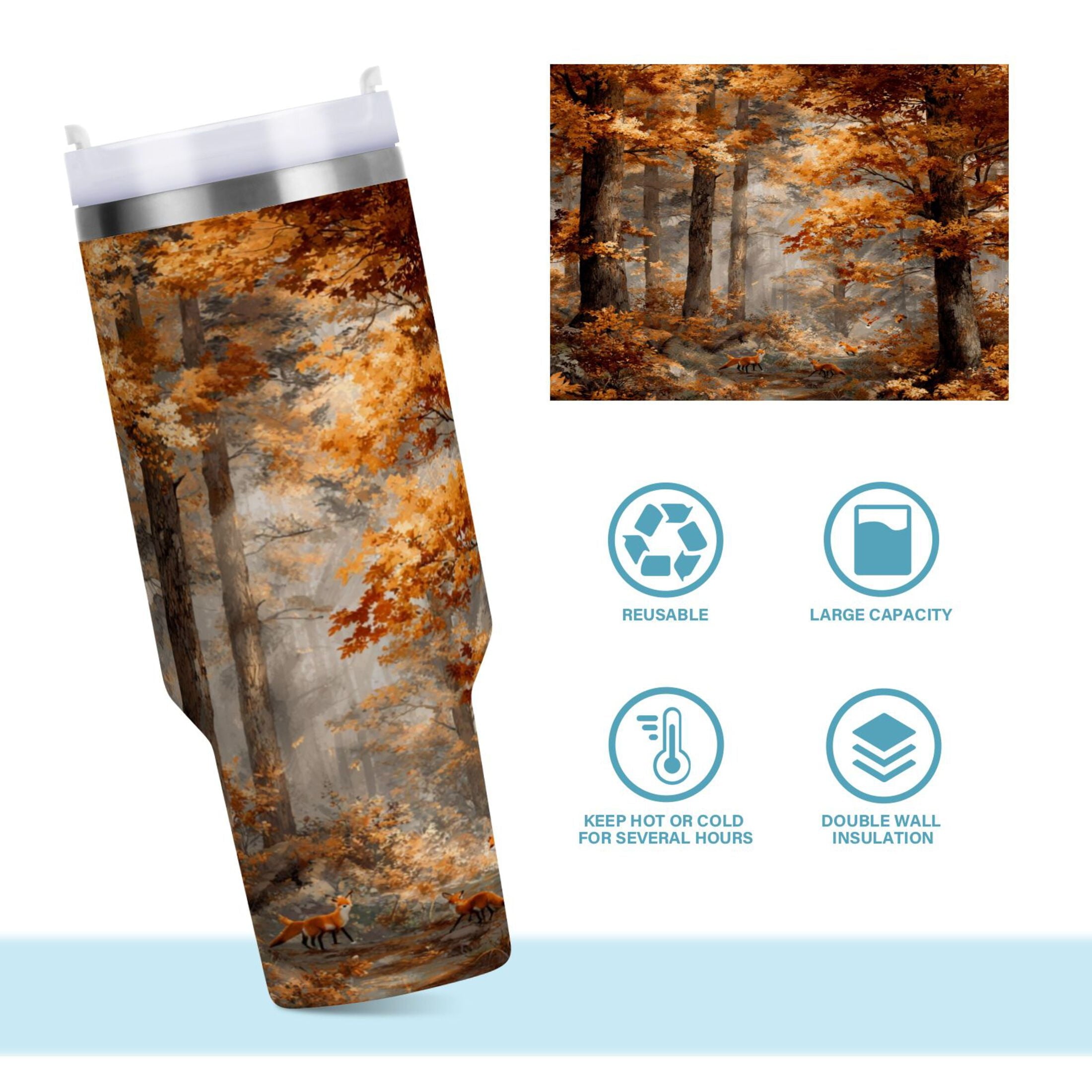 30 oz Insulated Stainless Steel Tumbler Double Wall Stainless Steel Tumbler with 2-Way Drinking Beautiful Autumn Forest | 7R0M