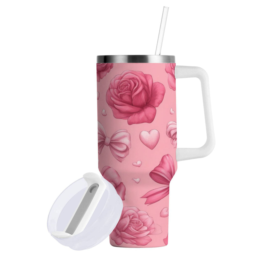 40 oz Insulated Stainless Steel Tumbler Double Wall Stainless Steel Tumbler with 2-Way Drinking Roses and Bows Pattern | F0HD