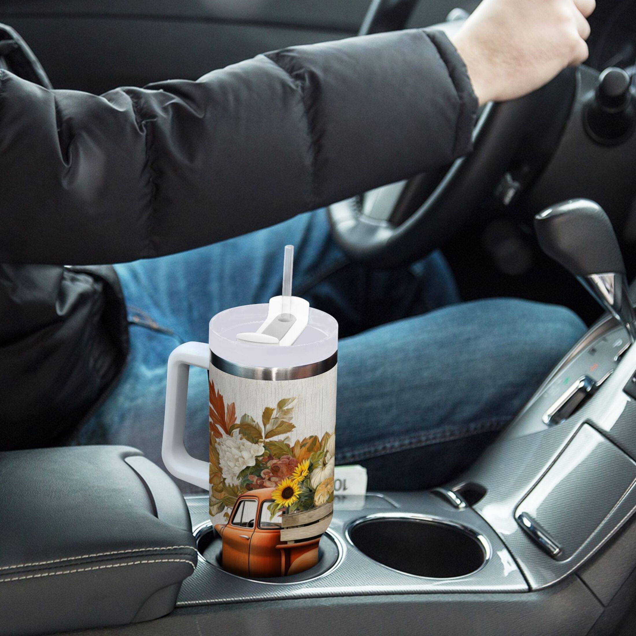 40 oz Insulated Stainless Steel Tumbler Double Wall Stainless Steel Tumbler with 2-Way Drinking Truck Full Of Pumpkins | DFZN