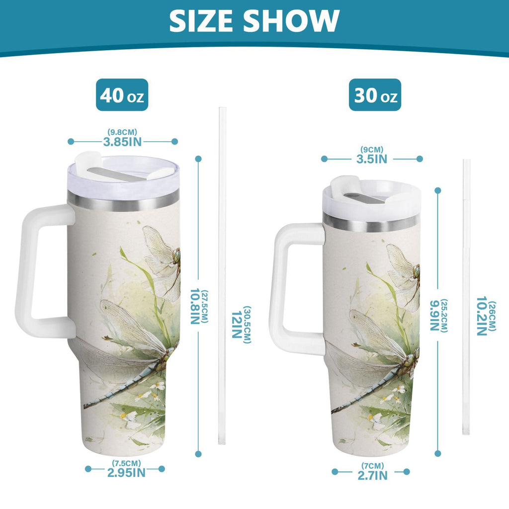 30 oz Insulated Stainless Steel Tumbler Double Wall Stainless Steel Tumbler with 2-Way Drinking Dragonflies with White Daisies | 5IT4