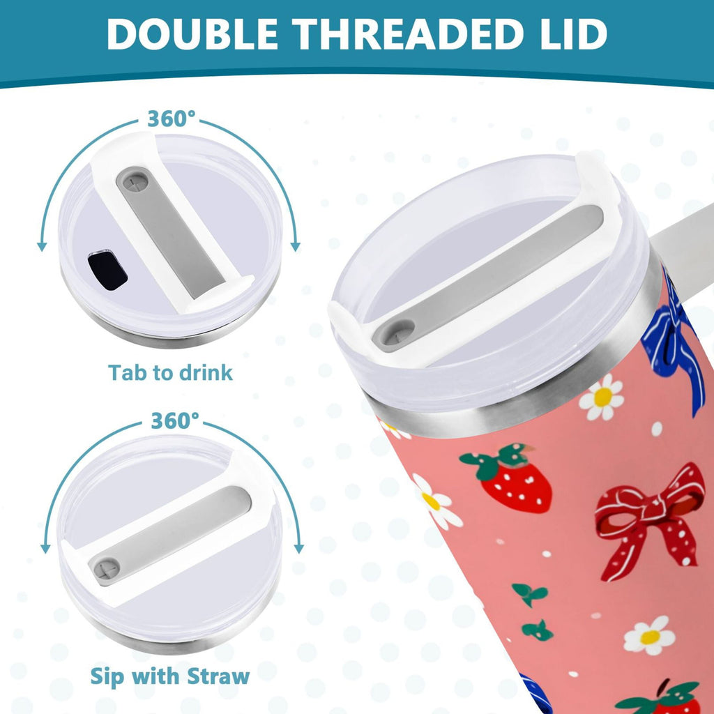 40 oz Insulated Stainless Steel Tumbler Double Wall Stainless Steel Tumbler with 2-Way Drinking Bows and Strawberries Pattern | 2KSY