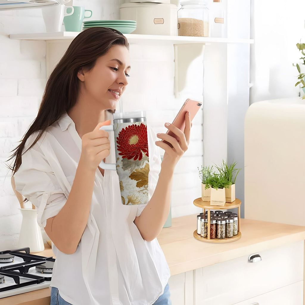 30 oz Insulated Stainless Steel Tumbler Double Wall Stainless Steel Tumbler with 2-Way Drinking Red Chrysanthemum Pattern | EJZ9