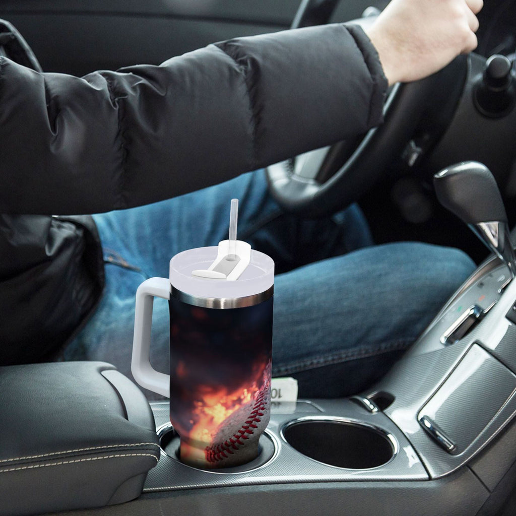 40 oz Insulated Stainless Steel Tumbler Double Wall Stainless Steel Tumbler with 2-Way Drinking Baseball with Water and Fire | Q6BL