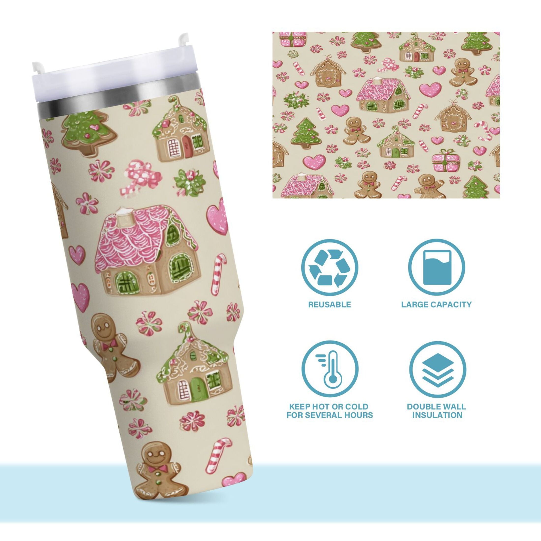 40 oz Insulated Stainless Steel Tumbler Double Wall Stainless Steel Tumbler with 2-Way Drinking Pink Cute Christmas Pattern | 61C5