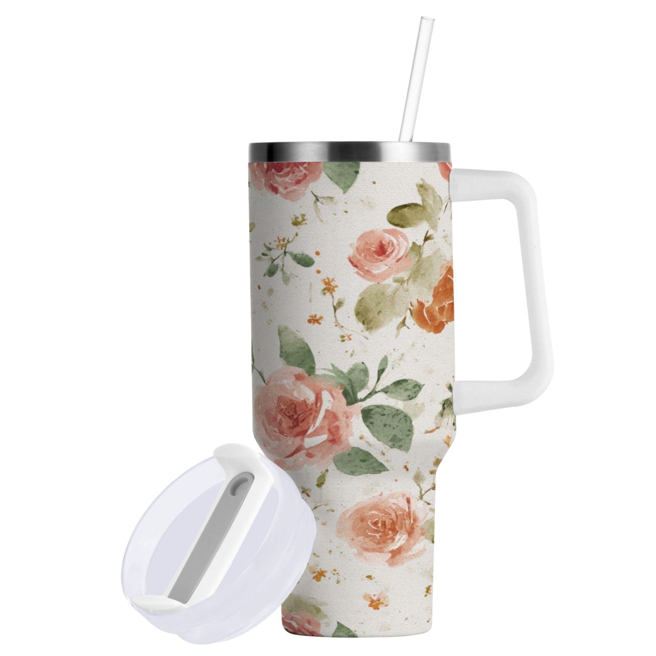 40 oz Insulated Stainless Steel Tumbler Double Wall Stainless Steel Tumbler with 2-Way Drinking Watercolor Rose Floral Pattern | OK57