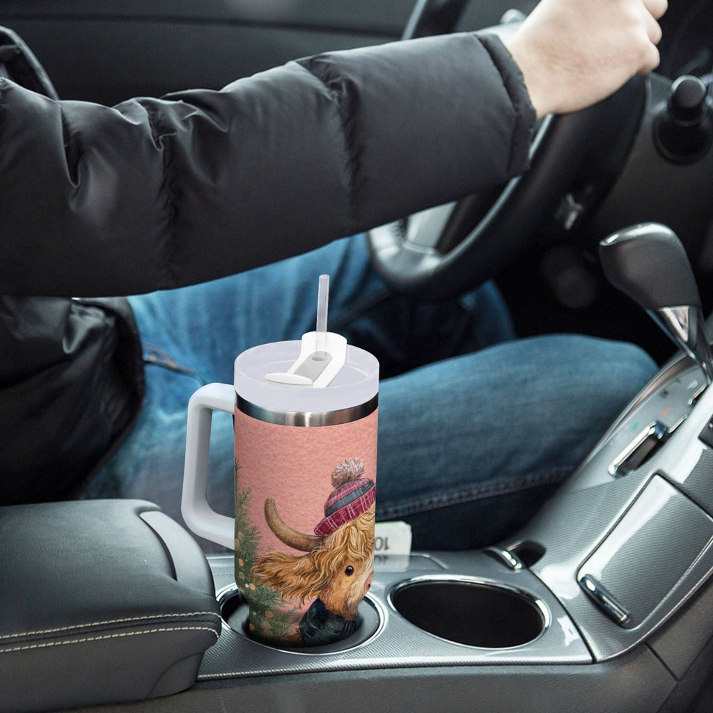 30 oz Insulated Stainless Steel Tumbler Double Wall Stainless Steel Tumbler with 2-Way Drinking Cow Wearing Scarf and Hat | SMZO