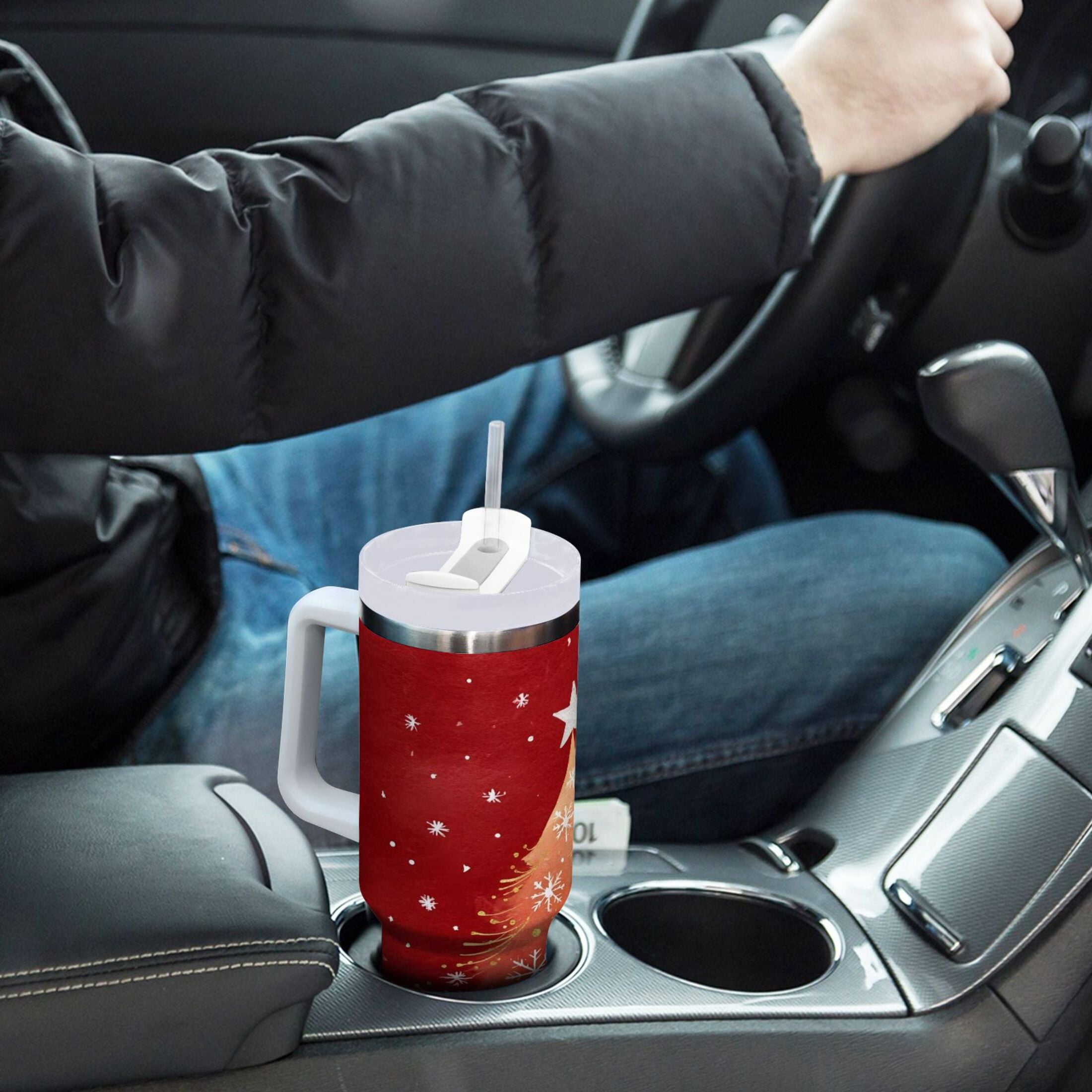 40 oz Insulated Stainless Steel Tumbler Double Wall Stainless Steel Tumbler with 2-Way Drinking Red Christmas Tree | WUT1