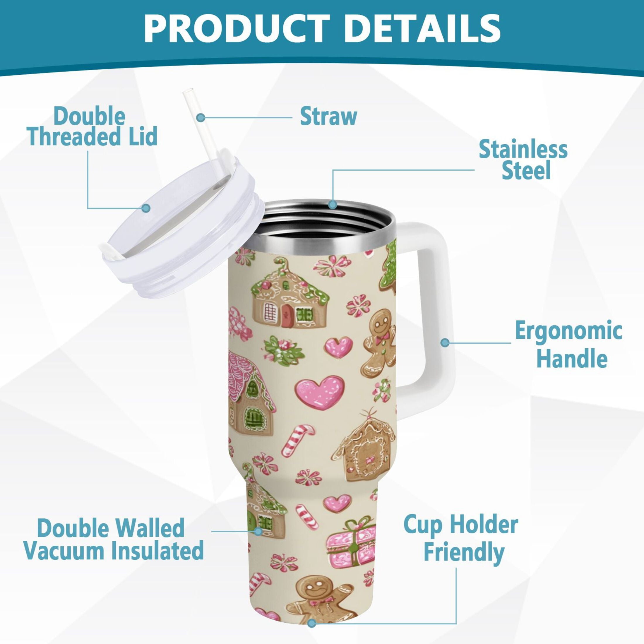 40 oz Insulated Stainless Steel Tumbler Double Wall Stainless Steel Tumbler with 2-Way Drinking Pink Cute Christmas Pattern | 61C5