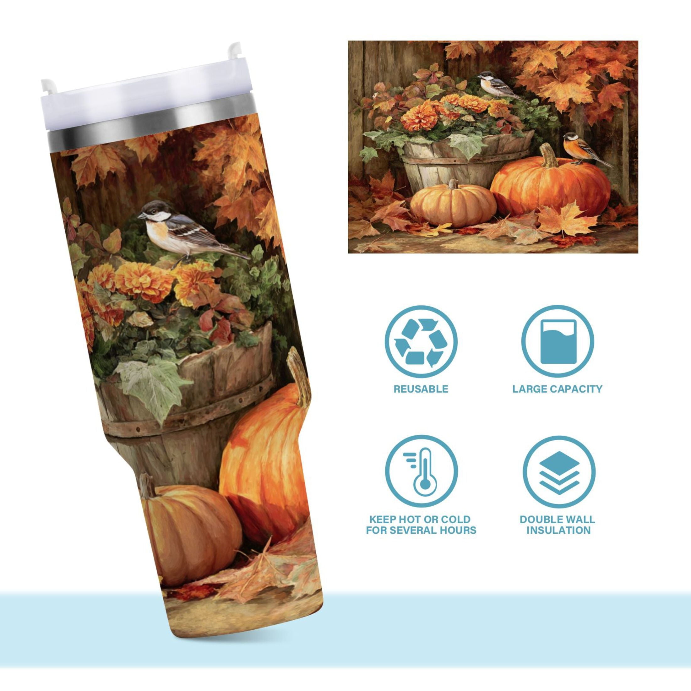30 oz Insulated Stainless Steel Tumbler Double Wall Stainless Steel Tumbler with 2-Way Drinking Beautiful Fall Scene | FLLT