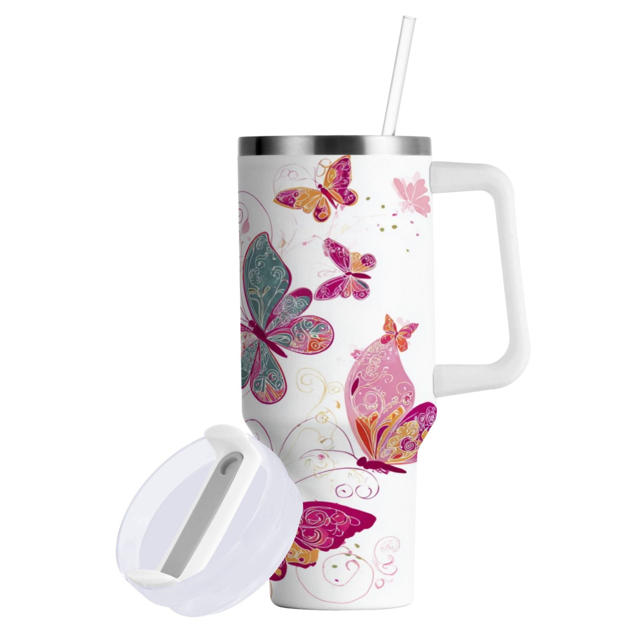 30 oz Insulated Stainless Steel Tumbler Double Wall Stainless Steel Tumbler with 2-Way Drinking Colorful Butterflies | RGOW