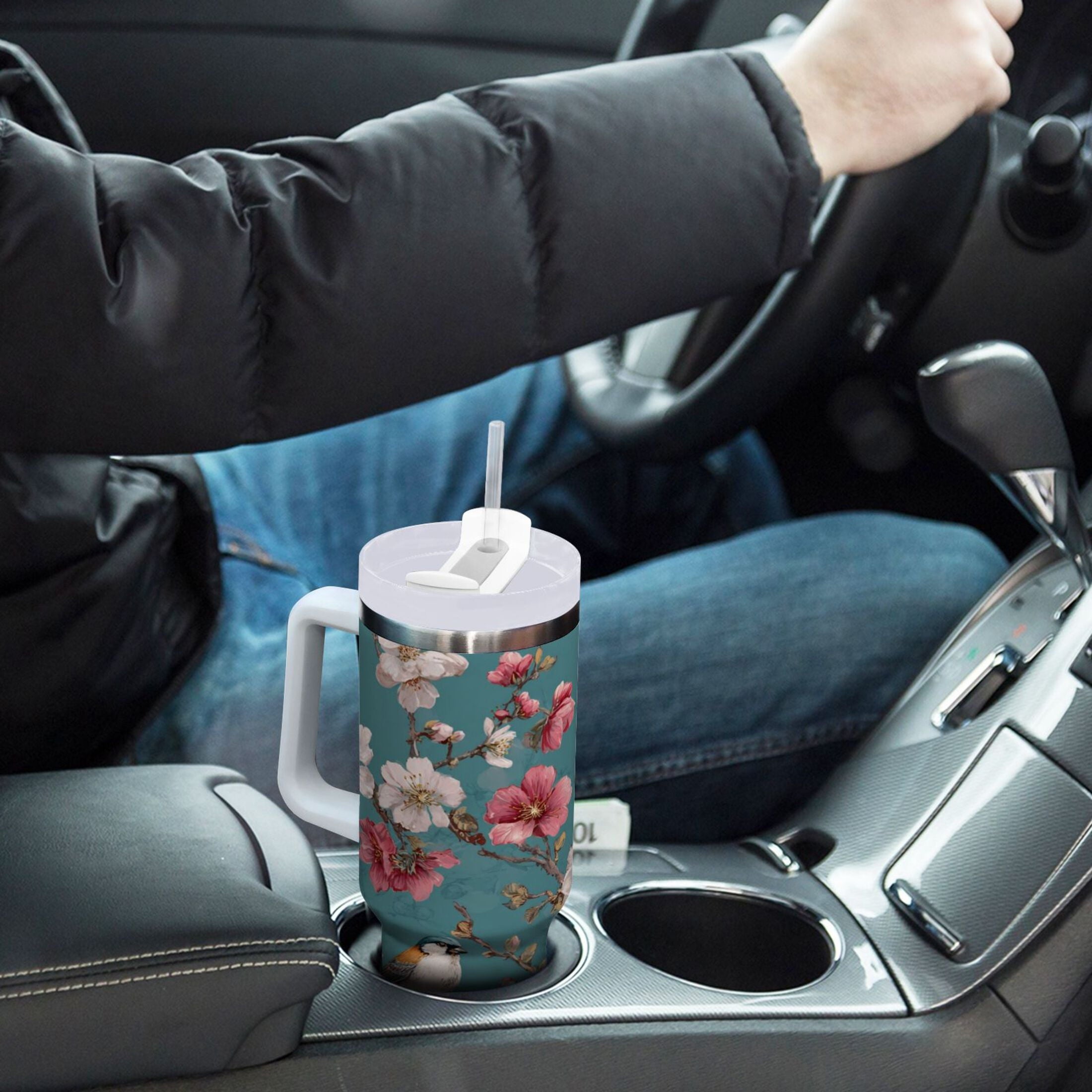 30 oz Insulated Stainless Steel Tumbler Double Wall Stainless Steel Tumbler with 2-Way Drinking Birds and Cherry Pattern | B0Z0