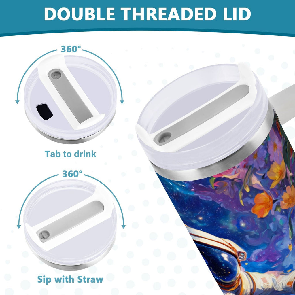 40 oz Insulated Stainless Steel Tumbler Double Wall Stainless Steel Tumbler with 2-Way Drinking Astronaut and Colorful Flowers | VJQ7