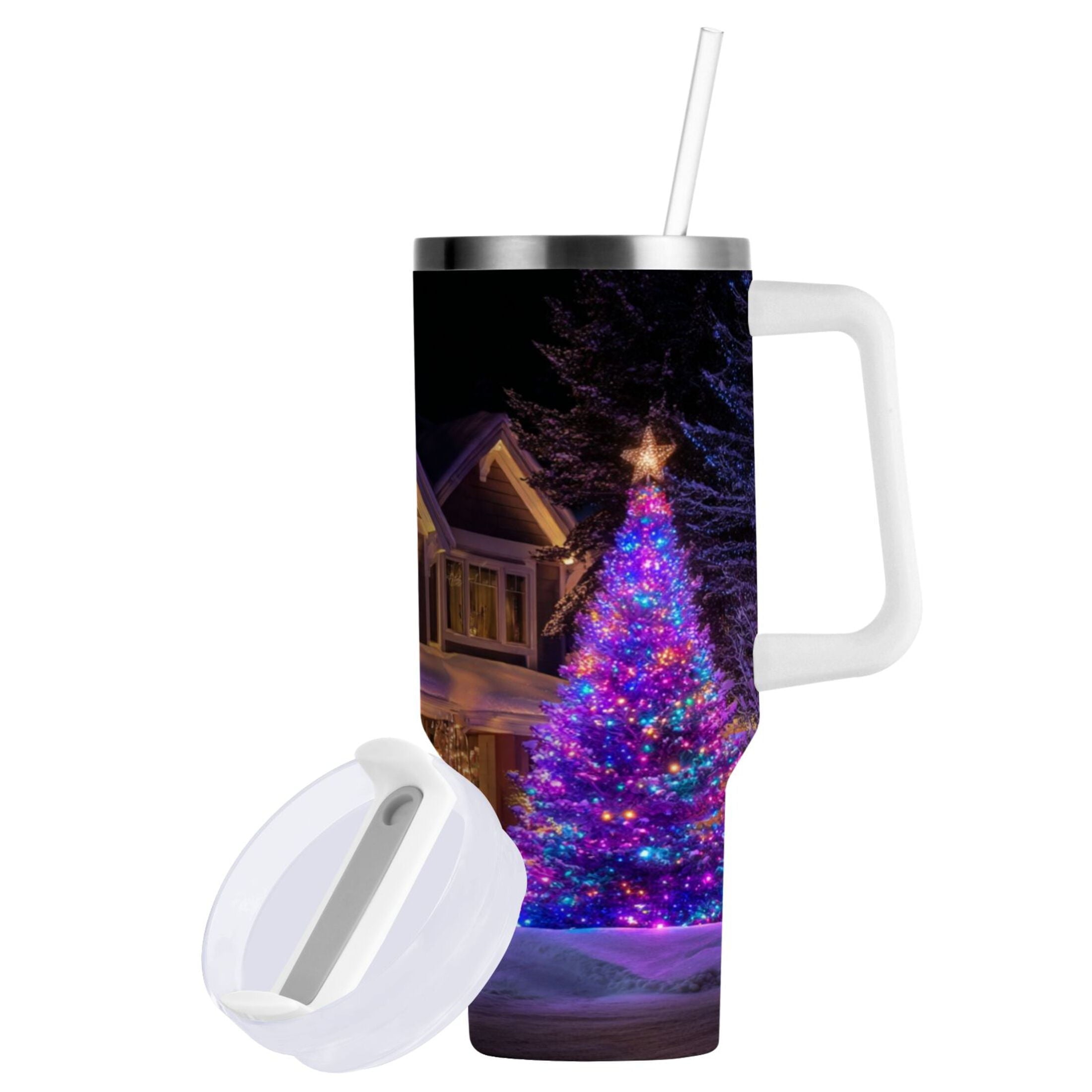 40 oz Insulated Stainless Steel Tumbler Double Wall Stainless Steel Tumbler with 2-Way Drinking Christmas Trees with Lights | A27R