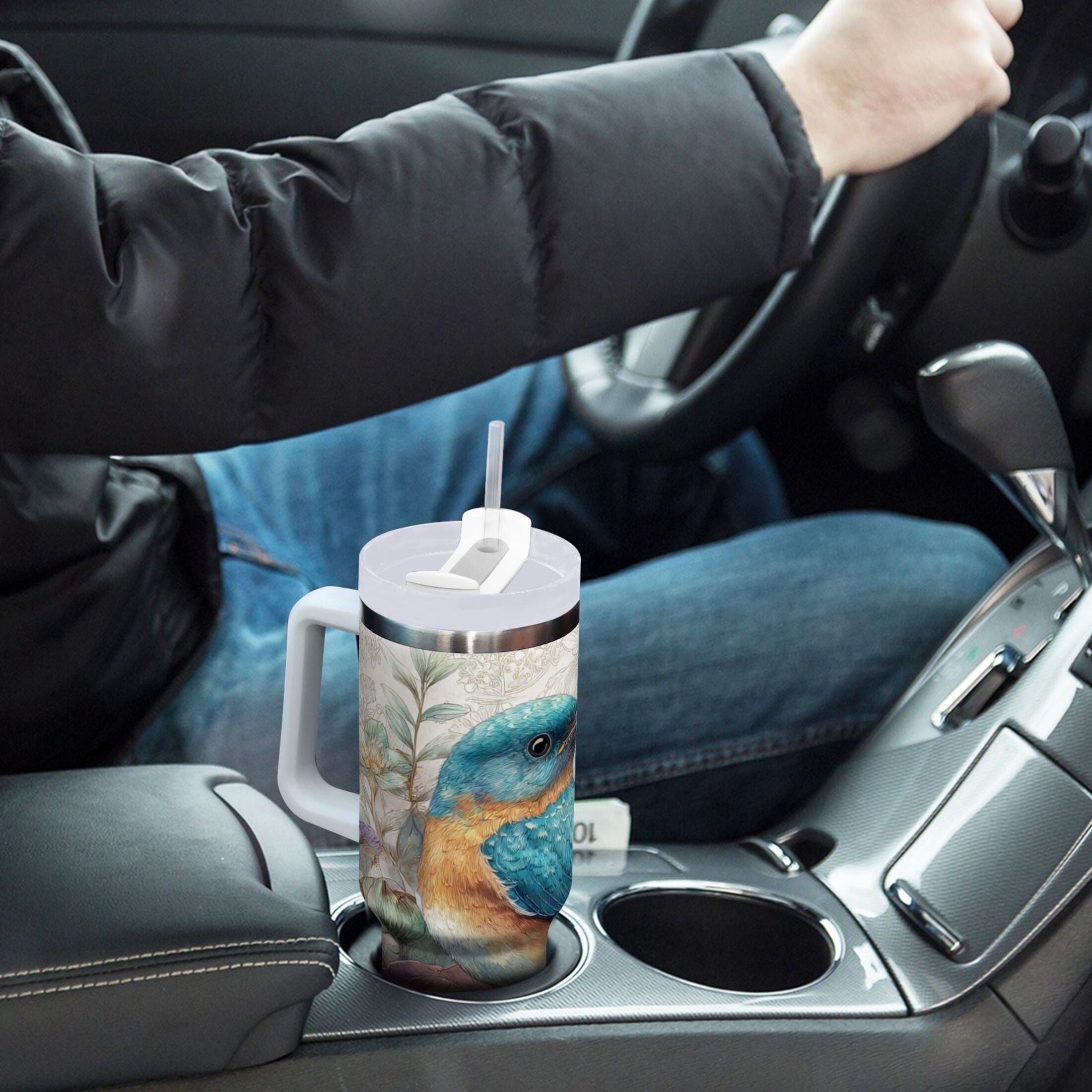 30 oz Insulated Stainless Steel Tumbler Double Wall Stainless Steel Tumbler with 2-Way Drinking Bluebird and Flower | 55IV