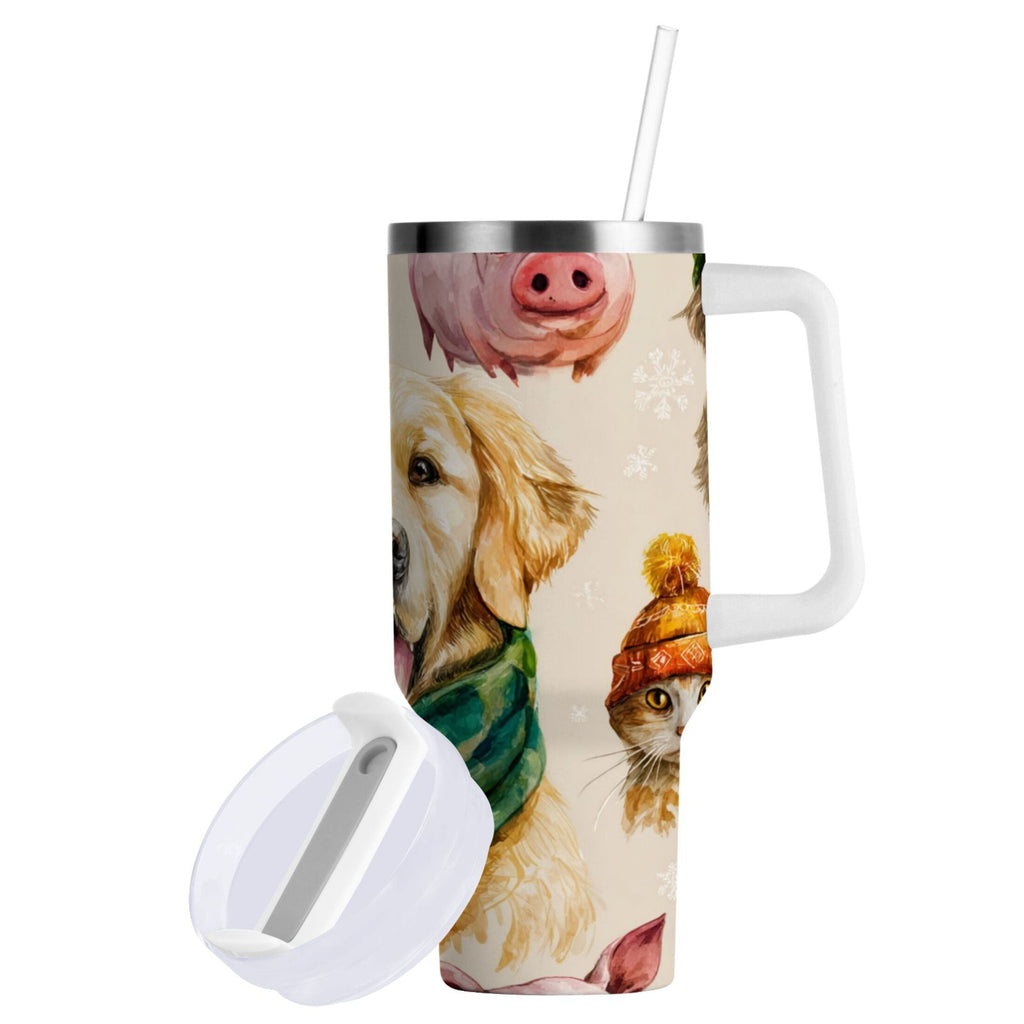 30 oz Insulated Stainless Steel Tumbler Double Wall Stainless Steel Tumbler with 2-Way Drinking Watercolor Animals Pattern | JHG9