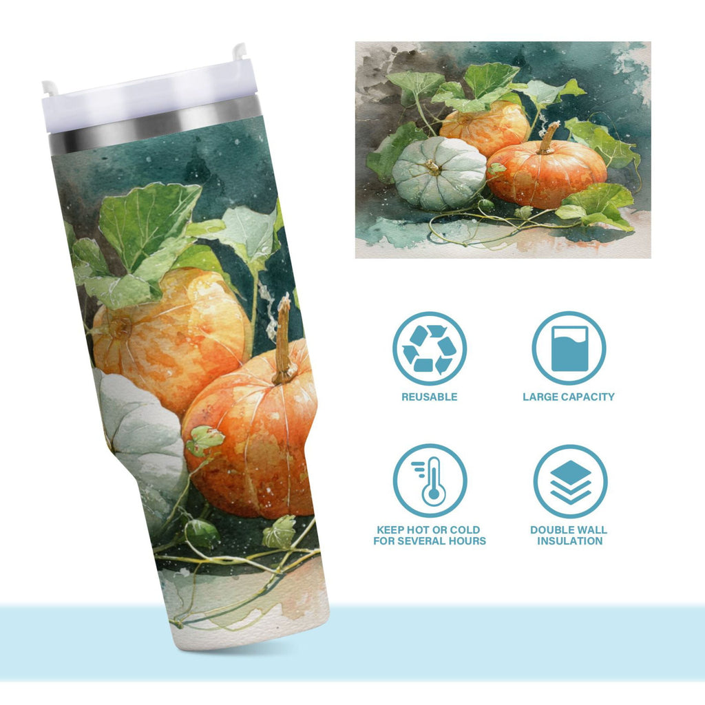 40 oz Insulated Stainless Steel Tumbler Double Wall Stainless Steel Tumbler with 2-Way Drinking Orange and White Pumpkins | BXAH