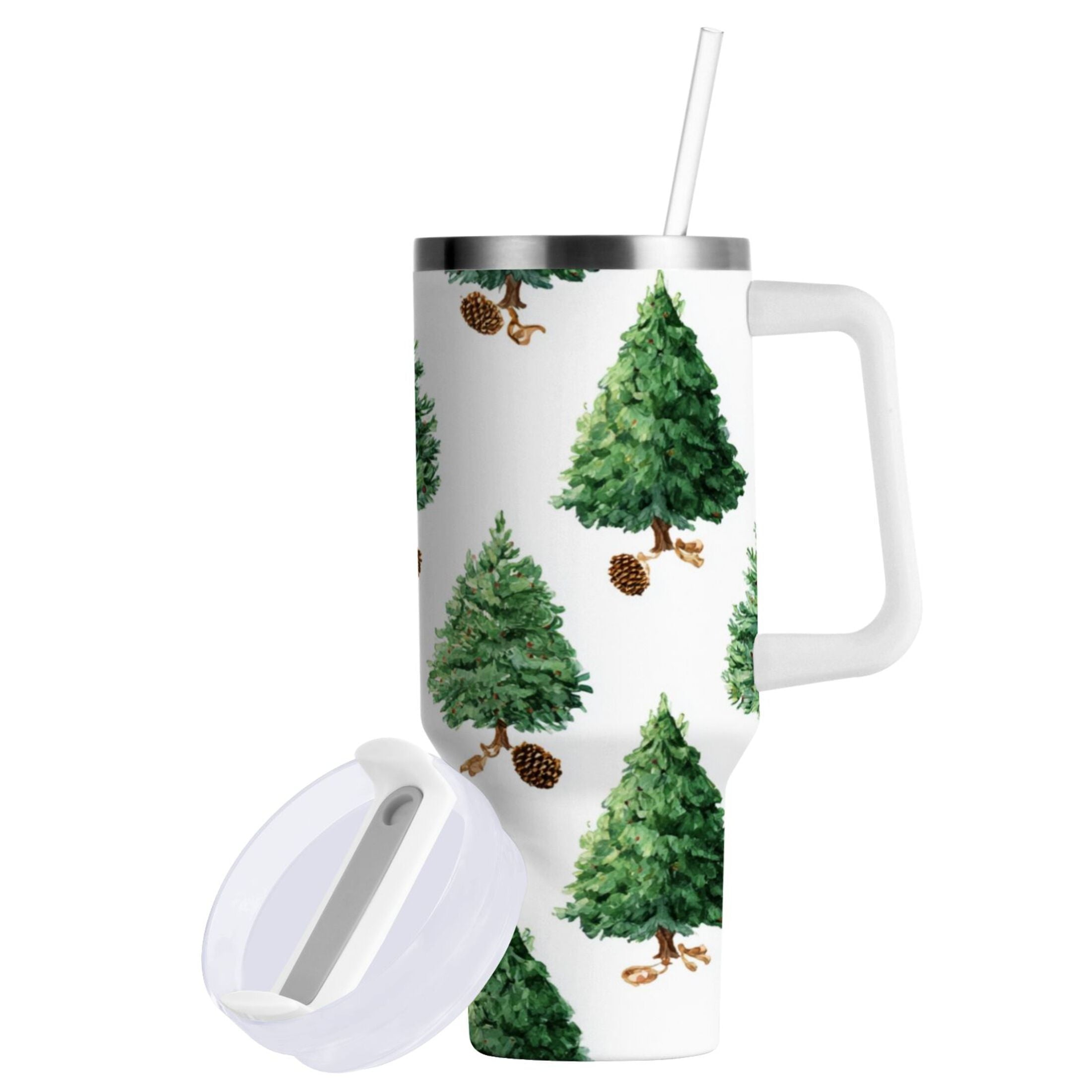 30 oz Insulated Stainless Steel Tumbler Double Wall Stainless Steel Tumbler with 2-Way Drinking Watercolor Green Christmas Tree | DGSA