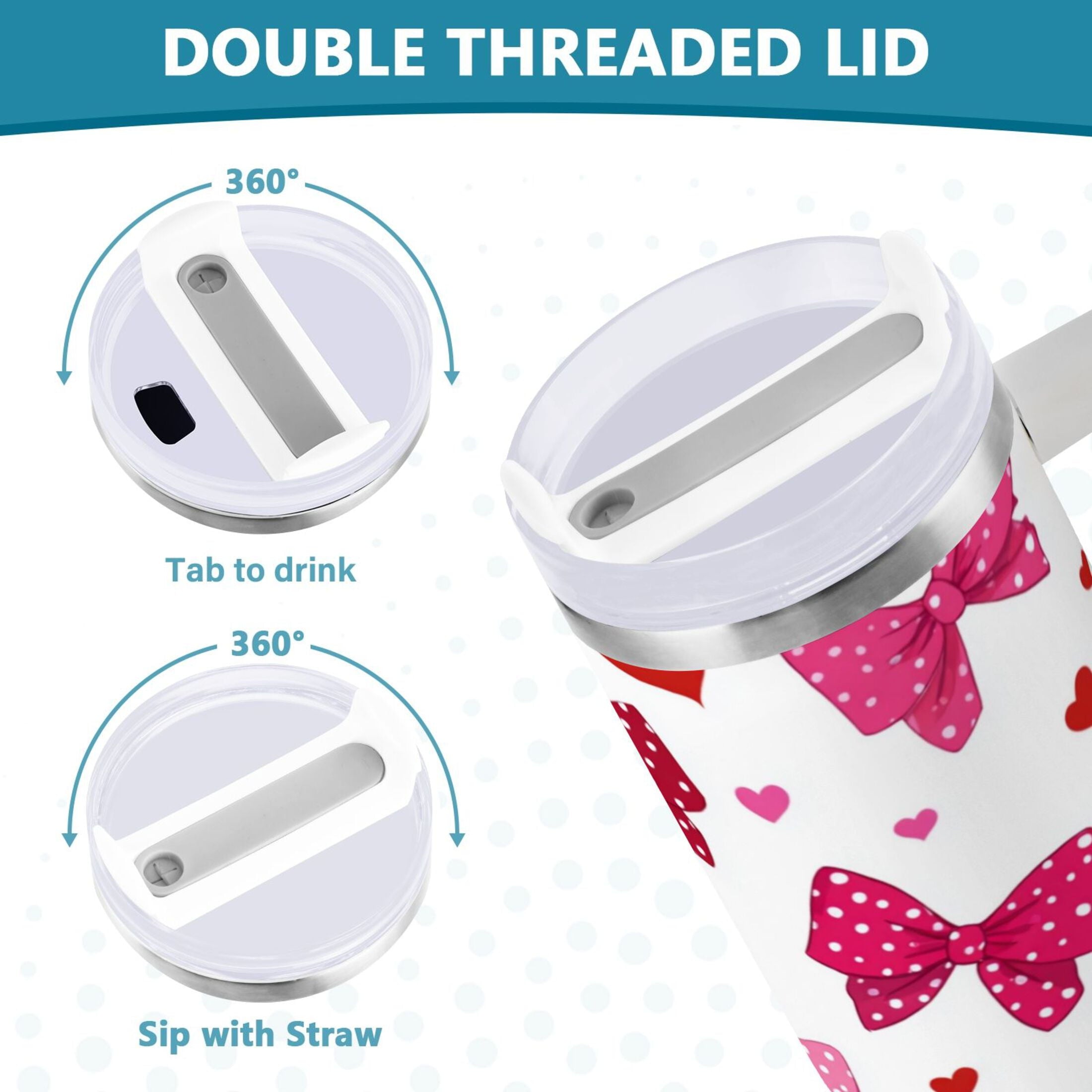 30 oz Insulated Stainless Steel Tumbler Double Wall Stainless Steel Tumbler with 2-Way Drinking Red and Pink Bows | EVC2
