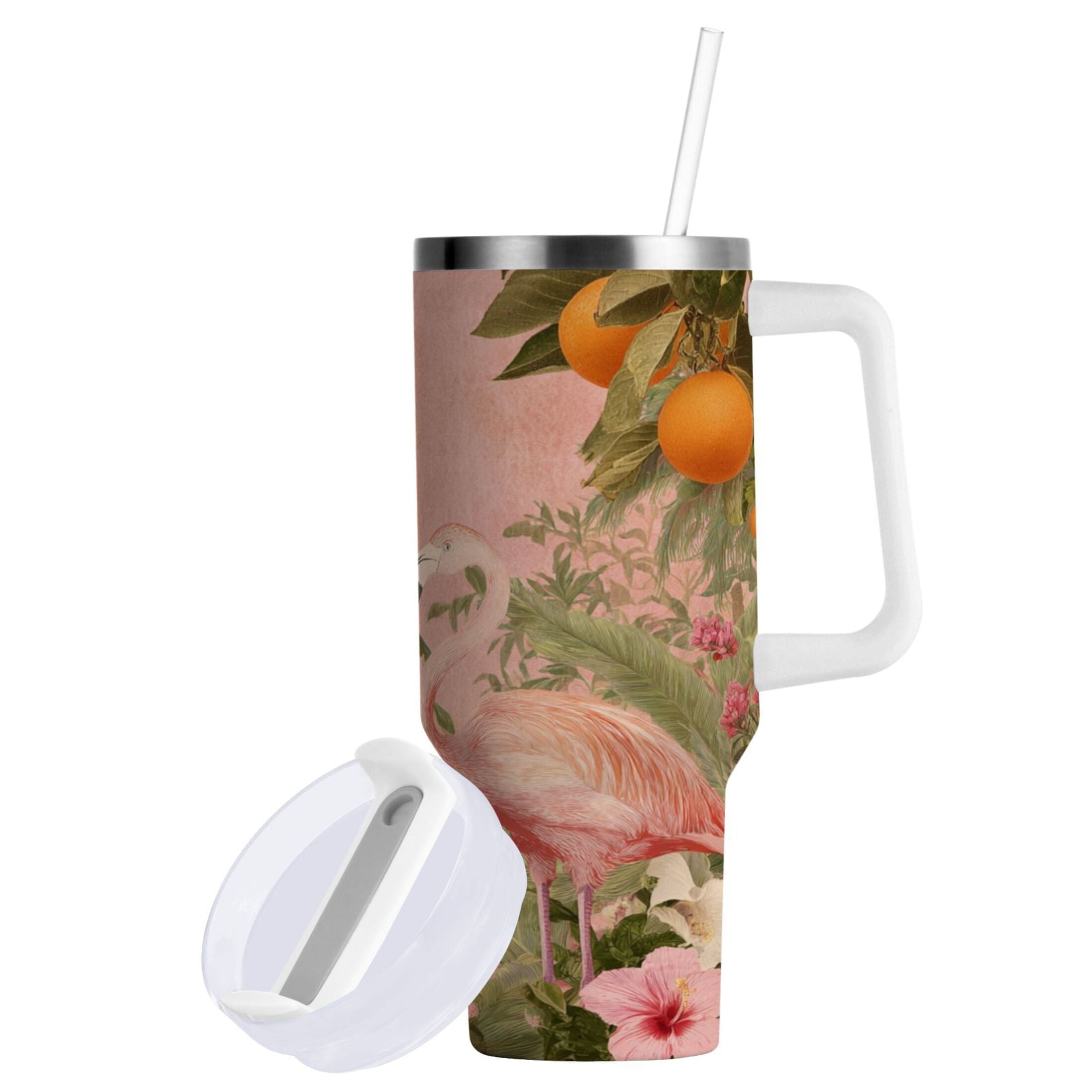40 oz Insulated Stainless Steel Tumbler Double Wall Stainless Steel Tumbler with 2-Way Drinking Flamingos in Tropical Garden | EH41