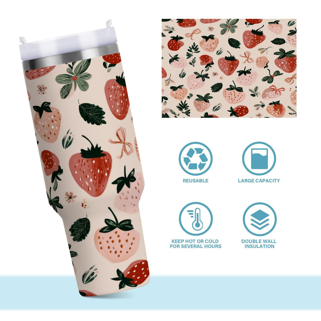 30 oz Insulated Stainless Steel Tumbler Double Wall Stainless Steel Tumbler with 2-Way Drinking Cute Pinks Strawberries | 0E2W