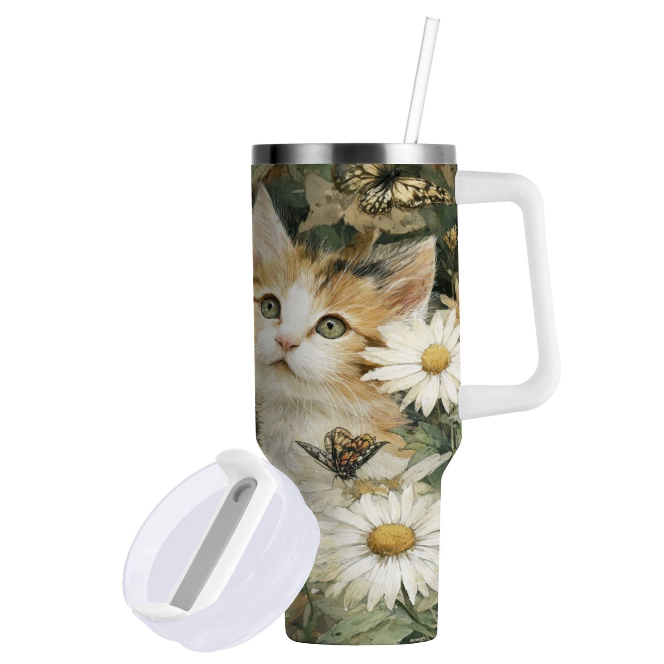 30 oz Insulated Stainless Steel Tumbler Double Wall Stainless Steel Tumbler with 2-Way Drinking Adorable Cats and Daisies | 2EZ5
