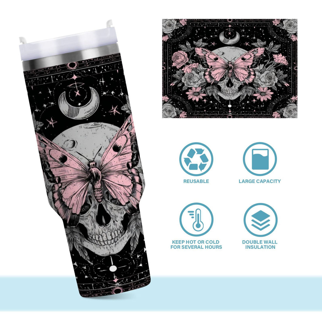 30 oz Insulated Stainless Steel Tumbler Double Wall Stainless Steel Tumbler with 2-Way Drinking Butterfly by Moon and Flowers | G7R9