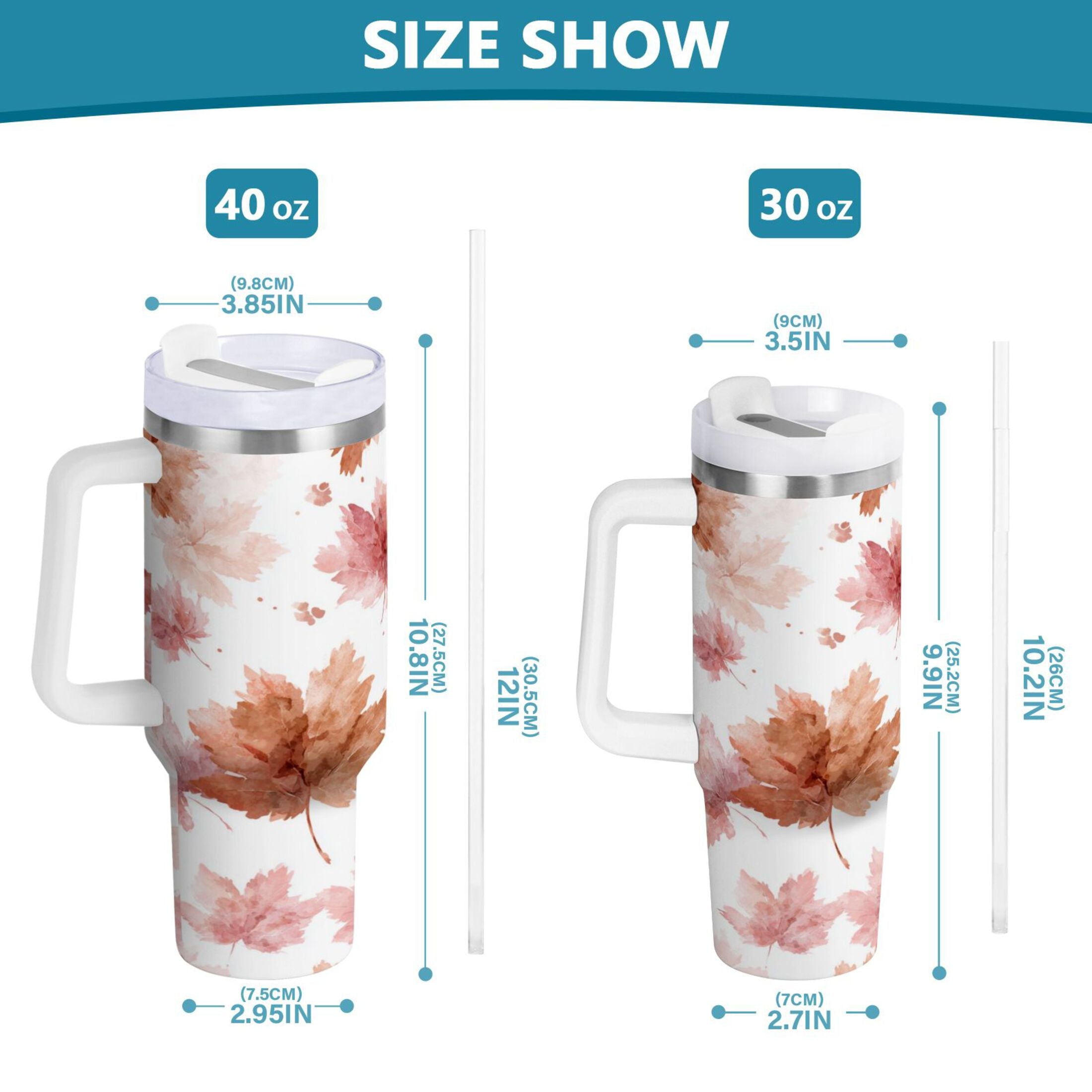 30 oz Insulated Stainless Steel Tumbler Double Wall Stainless Steel Tumbler with 2-Way Drinking Watercolor Pink Maple Leaves | IVVR