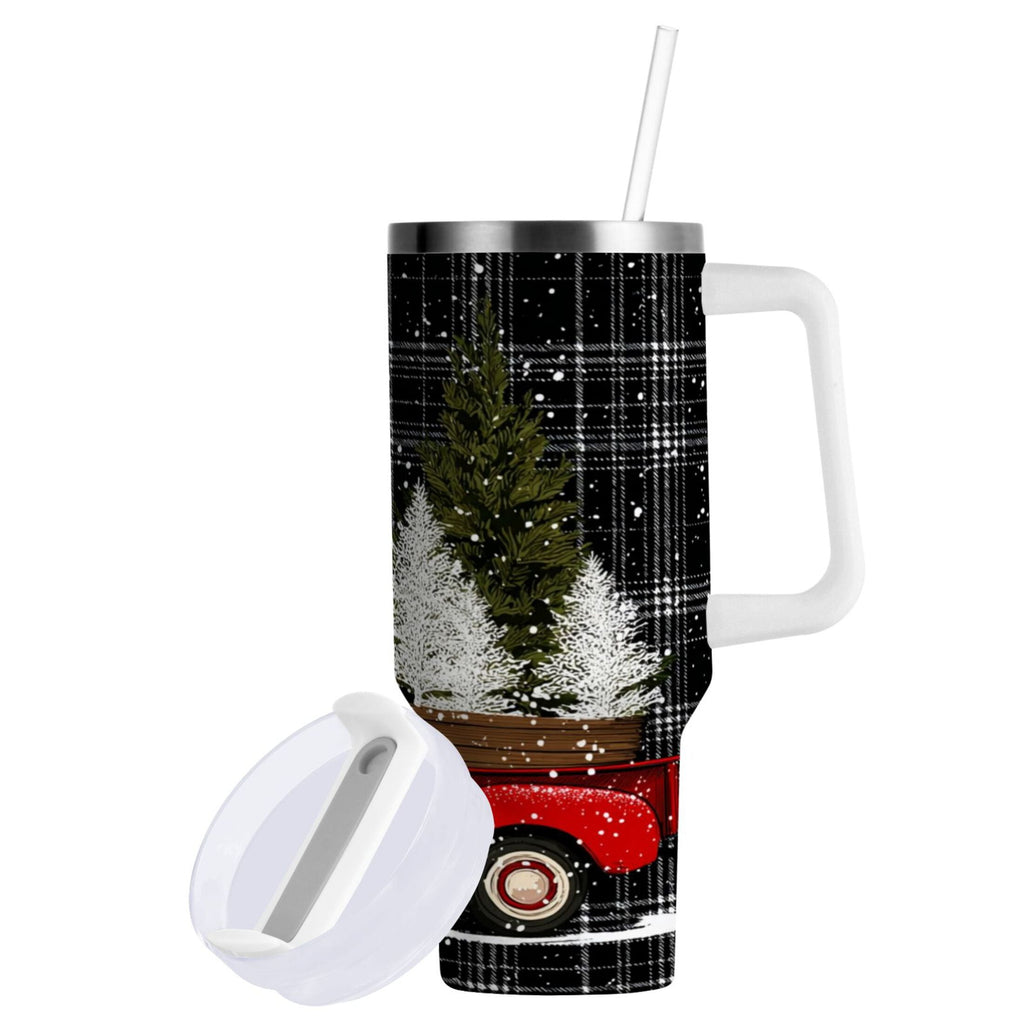 40 oz Insulated Stainless Steel Tumbler Double Wall Stainless Steel Tumbler with 2-Way Drinking Red Truck with Christmas Tree | O903
