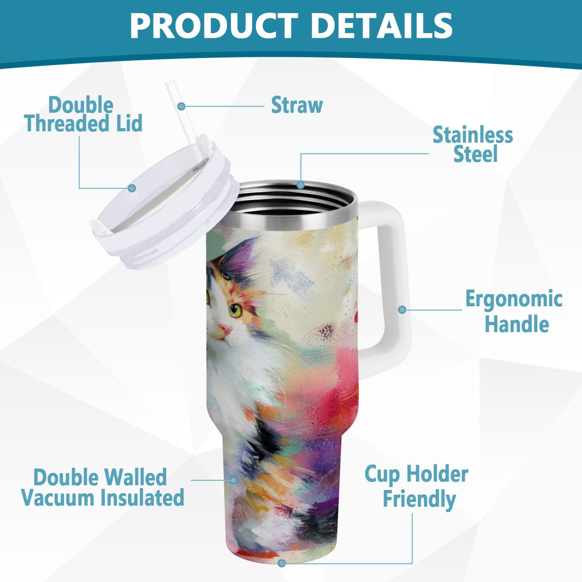 30 oz Insulated Stainless Steel Tumbler Double Wall Stainless Steel Tumbler with 2-Way Drinking Charming Hairy Cat | VKQV