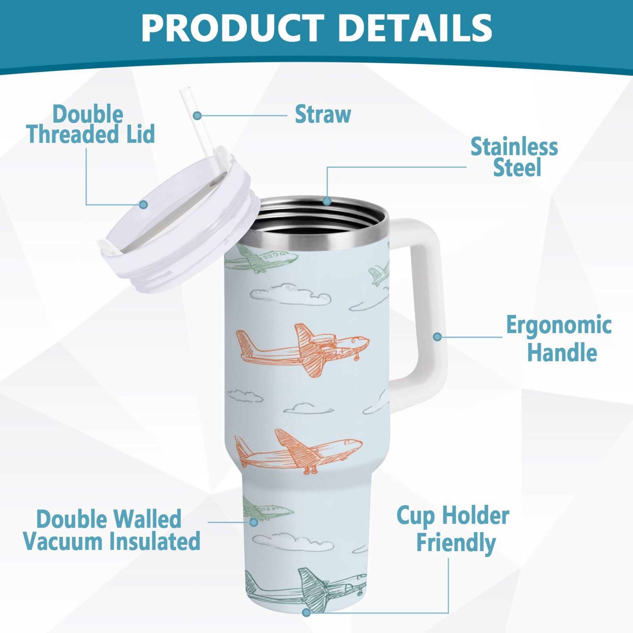 30 oz Insulated Stainless Steel Tumbler Double Wall Stainless Steel Tumbler with 2-Way Drinking Pastel Doodle Airplanes | 4GF8