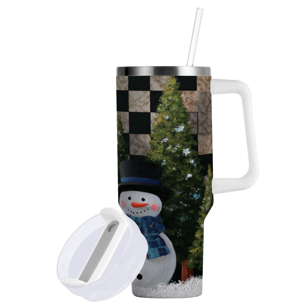30 oz Insulated Stainless Steel Tumbler Double Wall Stainless Steel Tumbler with 2-Way Drinking Two Snowmen Pattern | DF31
