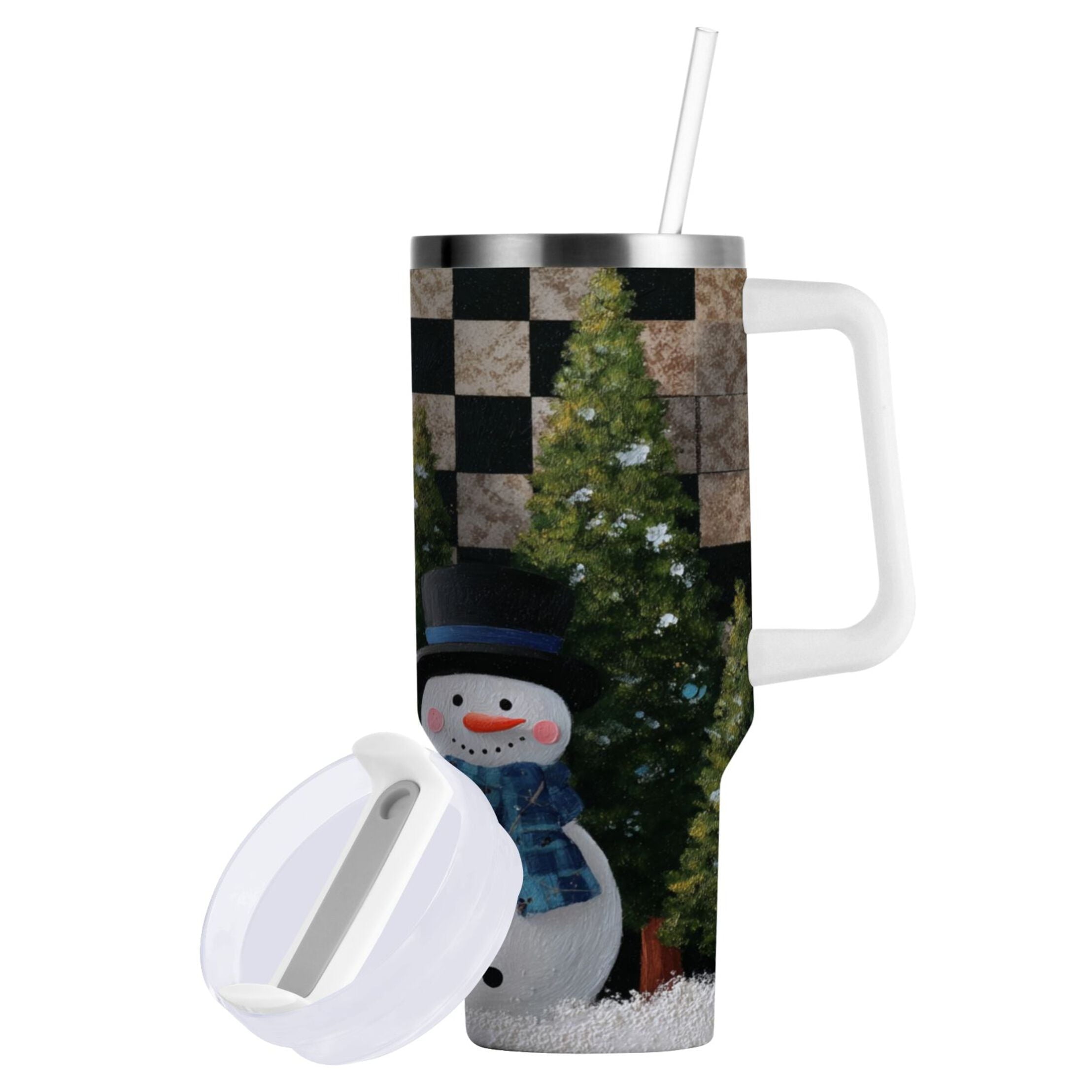 30 oz Insulated Stainless Steel Tumbler Double Wall Stainless Steel Tumbler with 2-Way Drinking Two Snowmen Pattern | DF31