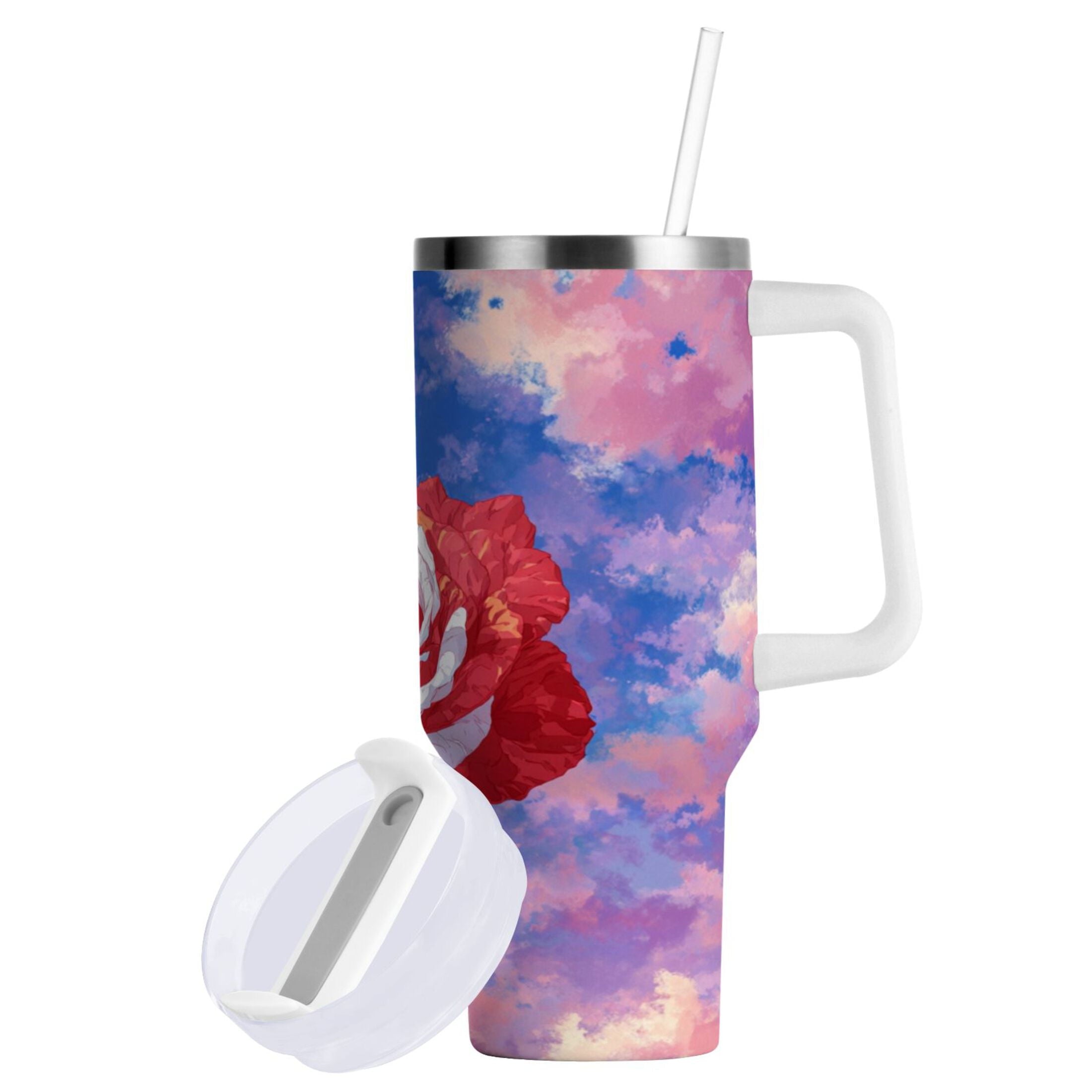 30 oz Insulated Stainless Steel Tumbler Double Wall Stainless Steel Tumbler with 2-Way Drinking Rose with Flag Pattern | B8EC
