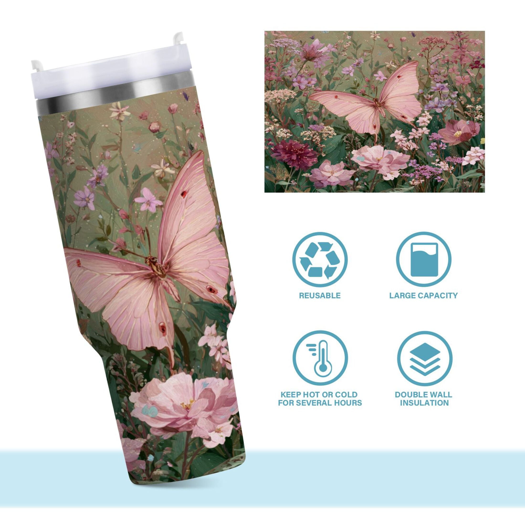 30 oz Insulated Stainless Steel Tumbler Double Wall Stainless Steel Tumbler with 2-Way Drinking Delicate Butterfly | 2TRI