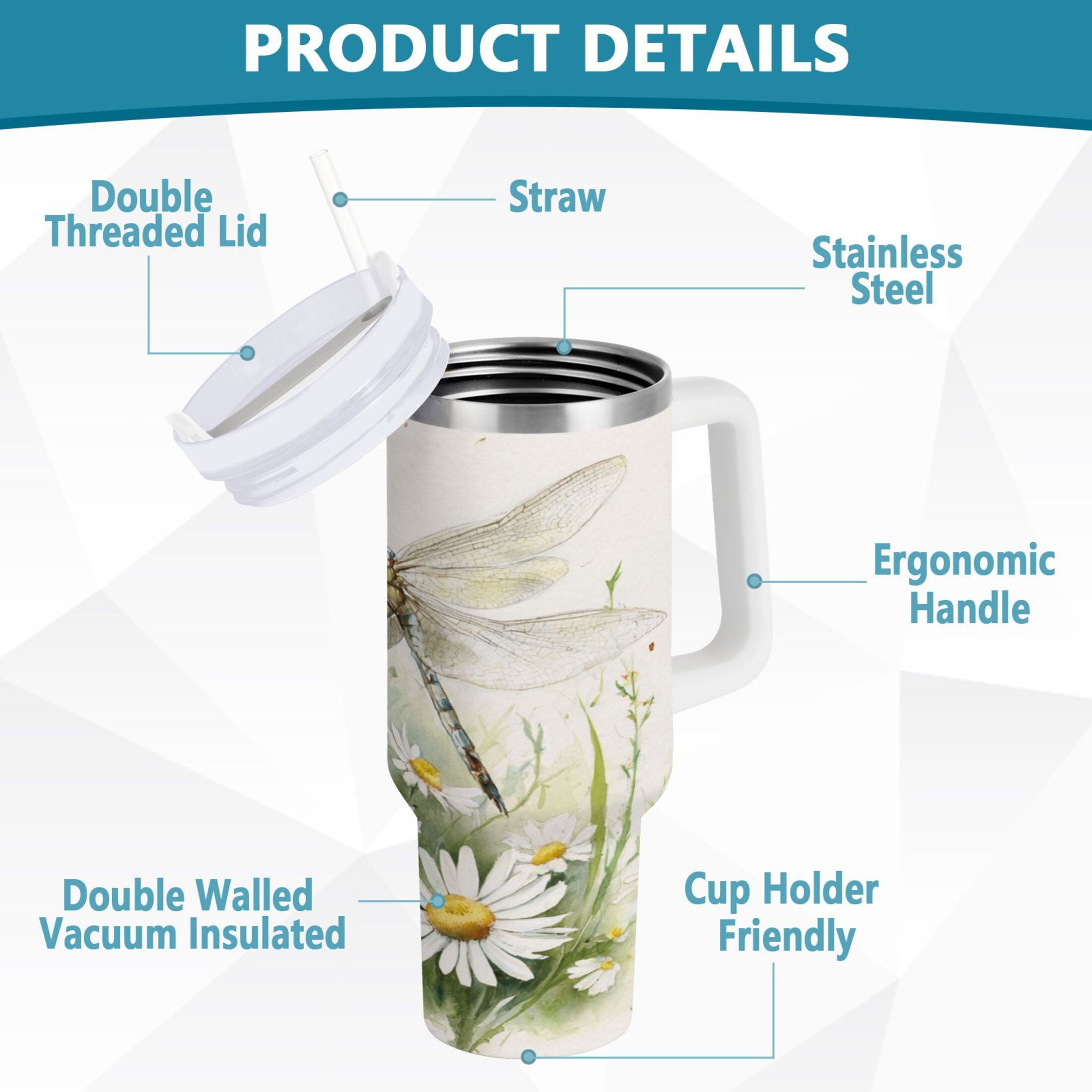 30 oz Insulated Stainless Steel Tumbler Double Wall Stainless Steel Tumbler with 2-Way Drinking Dragonflies with White Daisies | 5IT4
