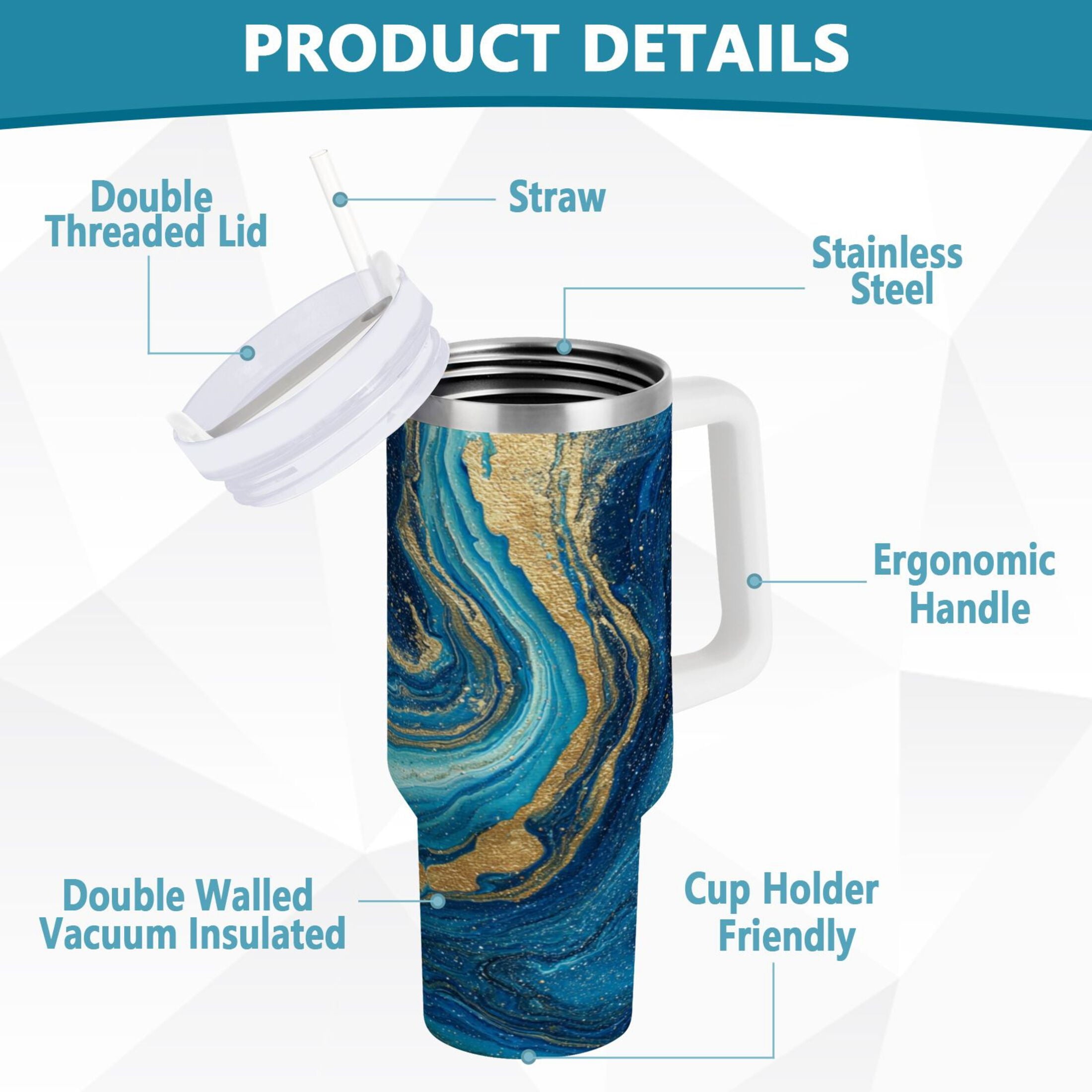 30 oz Insulated Stainless Steel Tumbler Double Wall Stainless Steel Tumbler with 2-Way Drinking Blue and Gold Ocean | NC8K