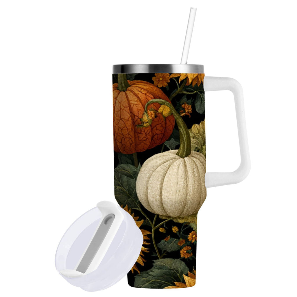 40 oz Insulated Stainless Steel Tumbler Double Wall Stainless Steel Tumbler with 2-Way Drinking Pumpkins and Sunflowers Pattern | TB11
